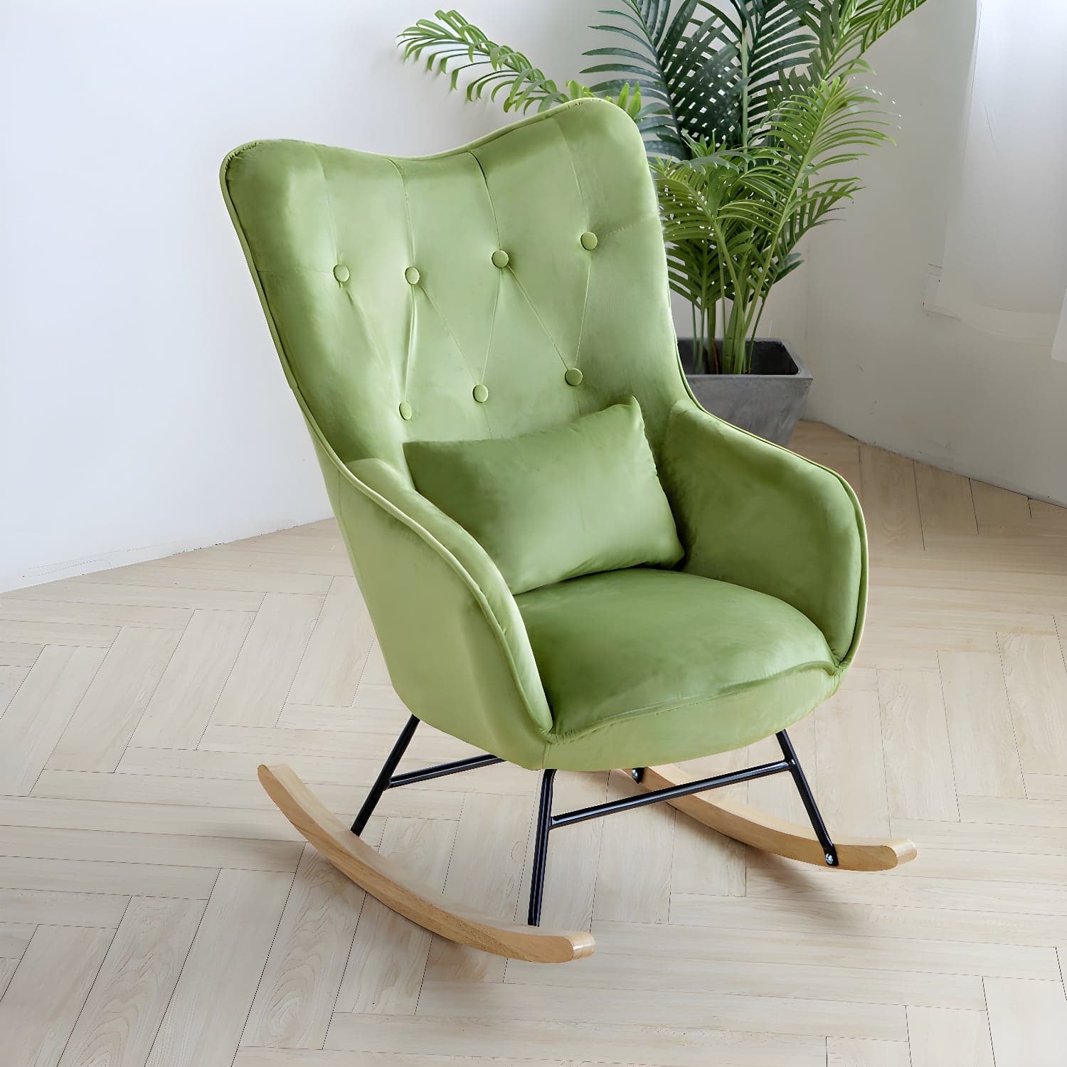 Stylish Modern Upholstered Rocking Chair with Natural Wood Legs and Tufted Back Cushion - image 3
