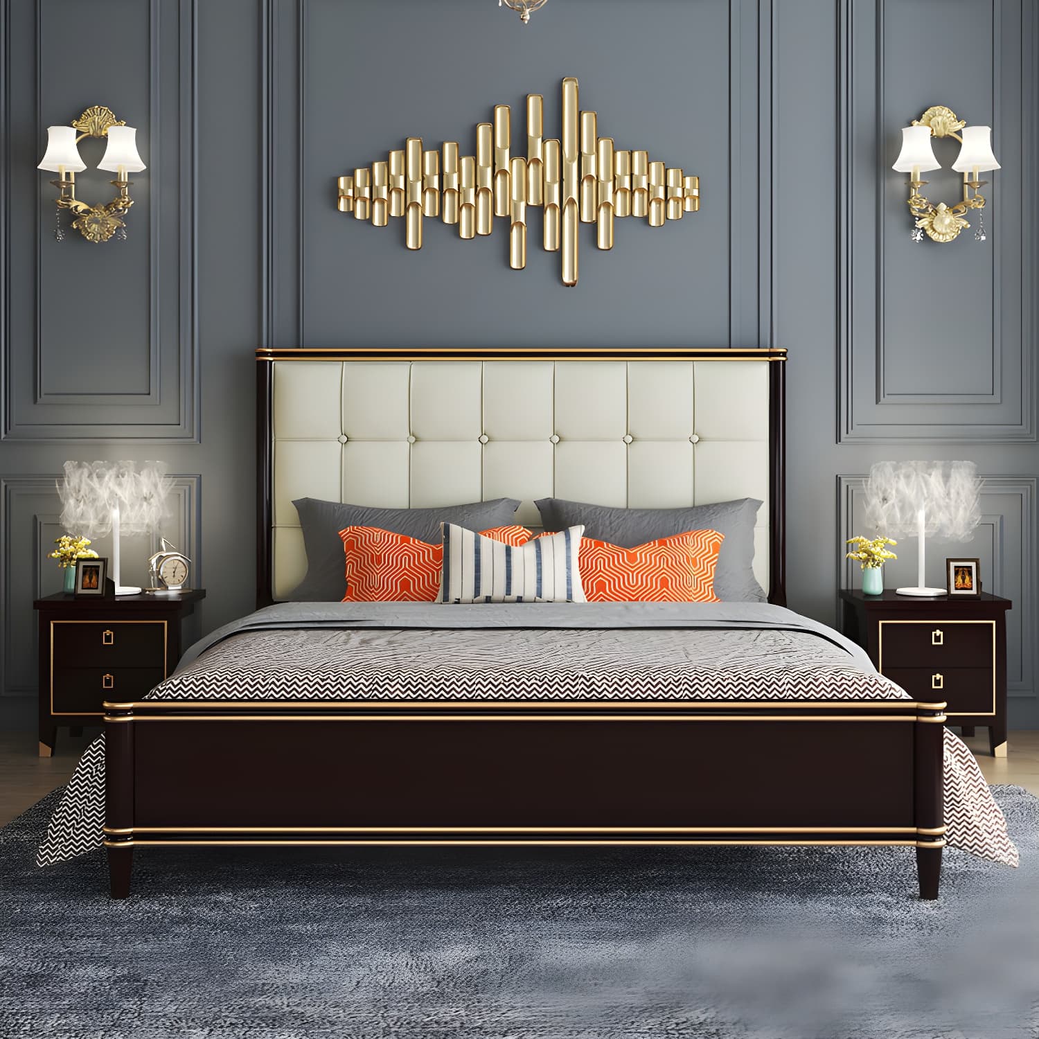 Modern Standard Bed with Tufted Upholstered Headboard and Soild Wood Legs