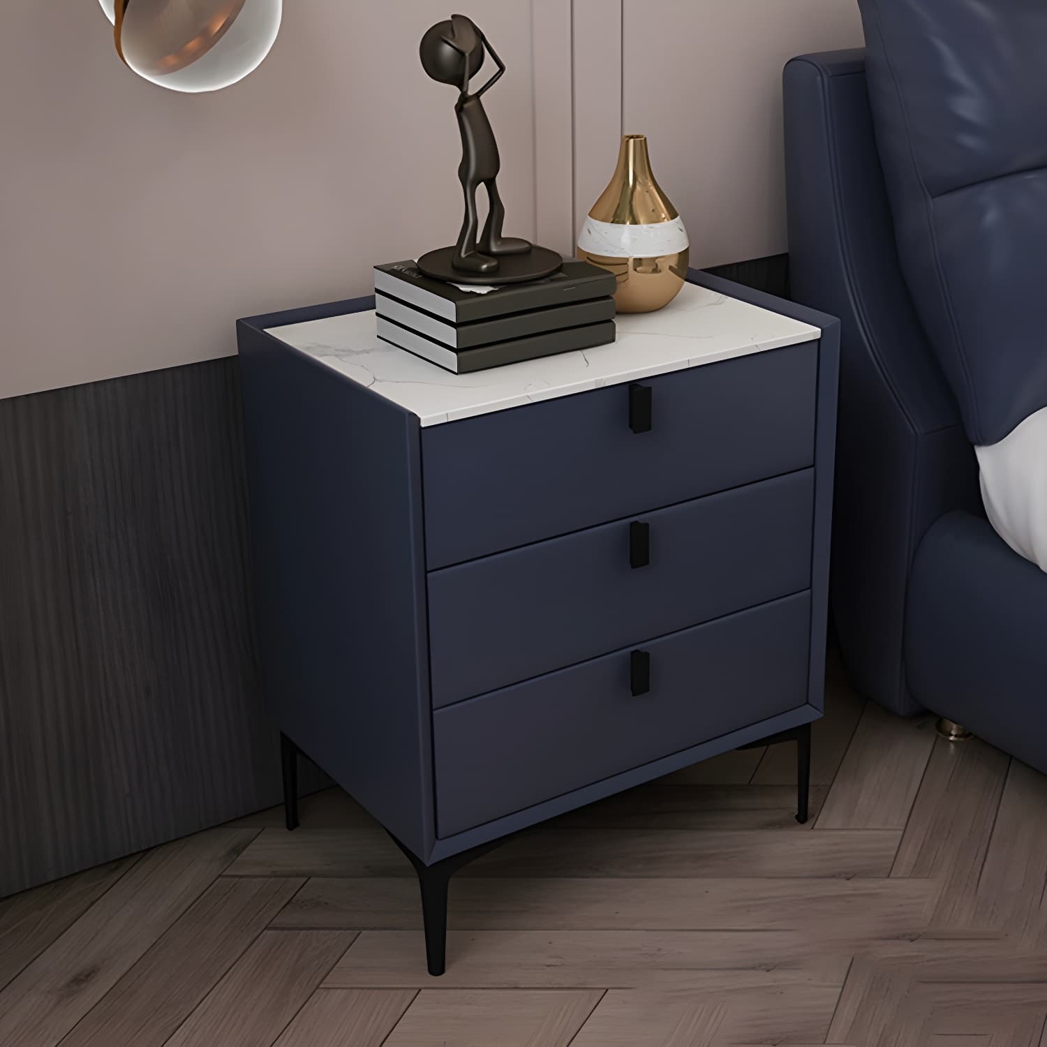 Glam Style Sintered Stone Top 3 Drawers Nightstand for Bedroom
