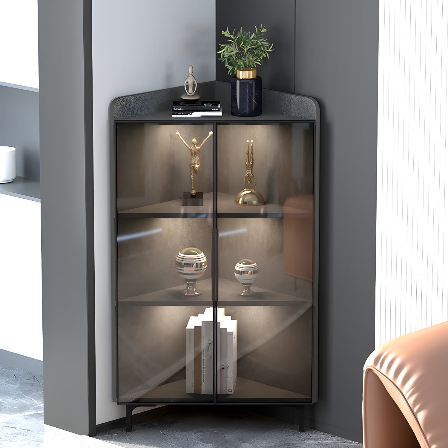 Modern Black Corner Accent. Wood Countertop. Glass Doors. Cabinets included - image 4