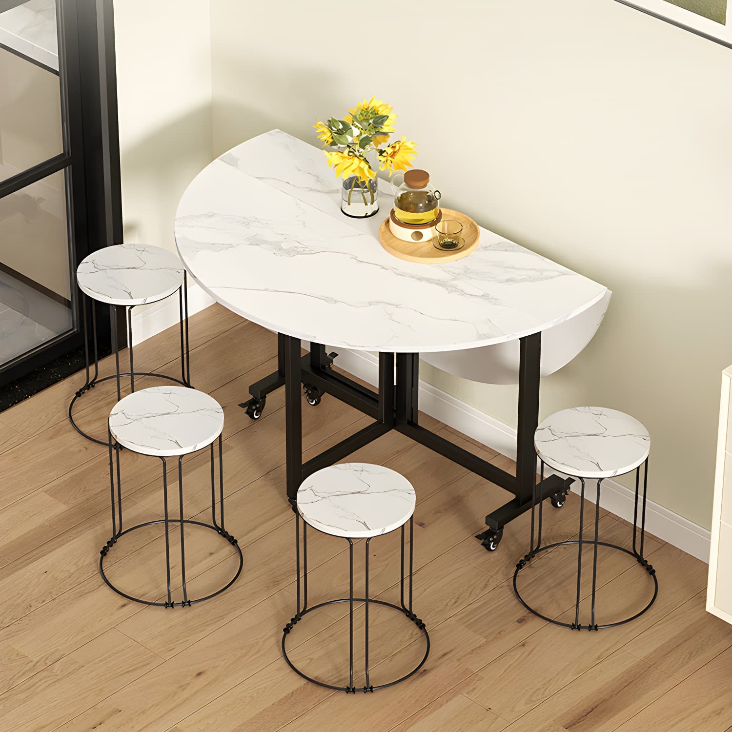 Modern Round Wood Dining Set with Collapsible Table and Leaf Extension - Metal Trestle Base in Black - image 14
