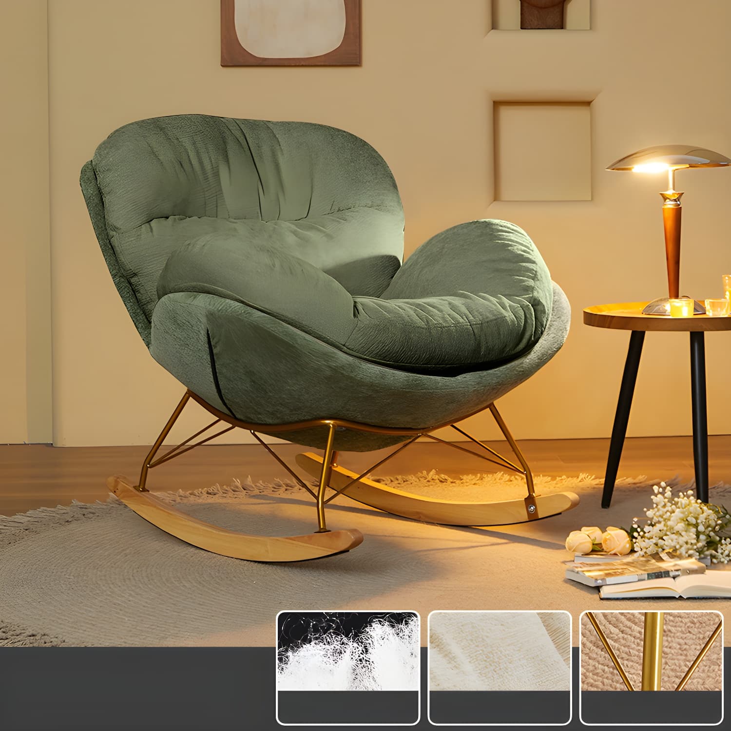 Scandinavia Rocking Accent Chair with Removable Cushions in Solid Wood