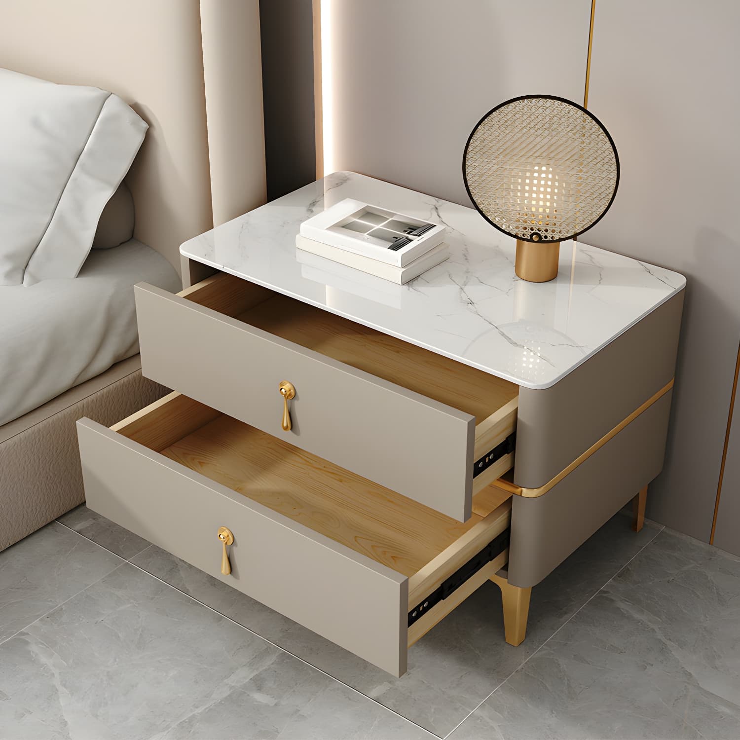 Glam Style Sintered Stone Top 2- Drawer Nightstand with Legs for Bedroom - image 11