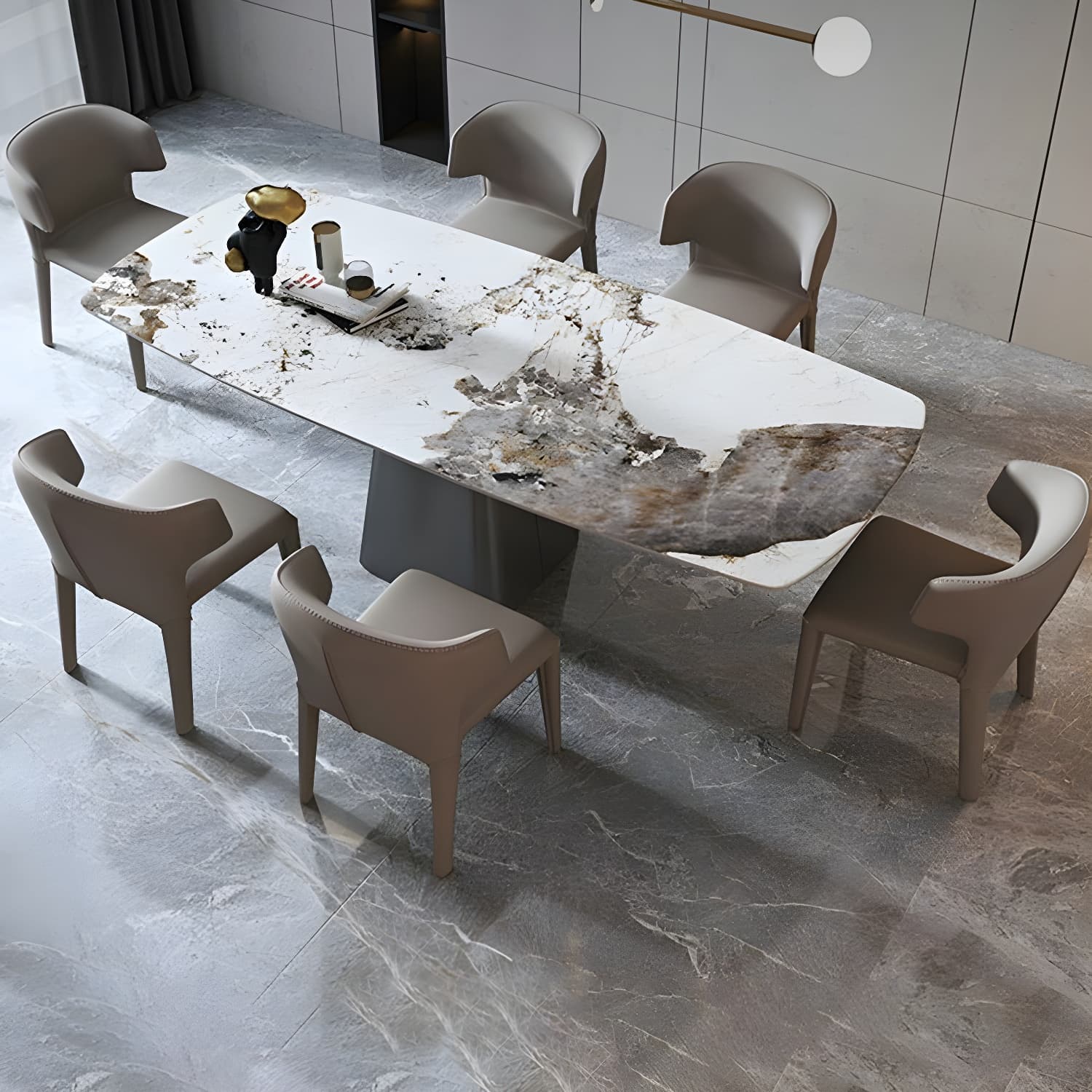 Rectangle White Stone Glam Dining Table with Steel Pedestal Base - image 3