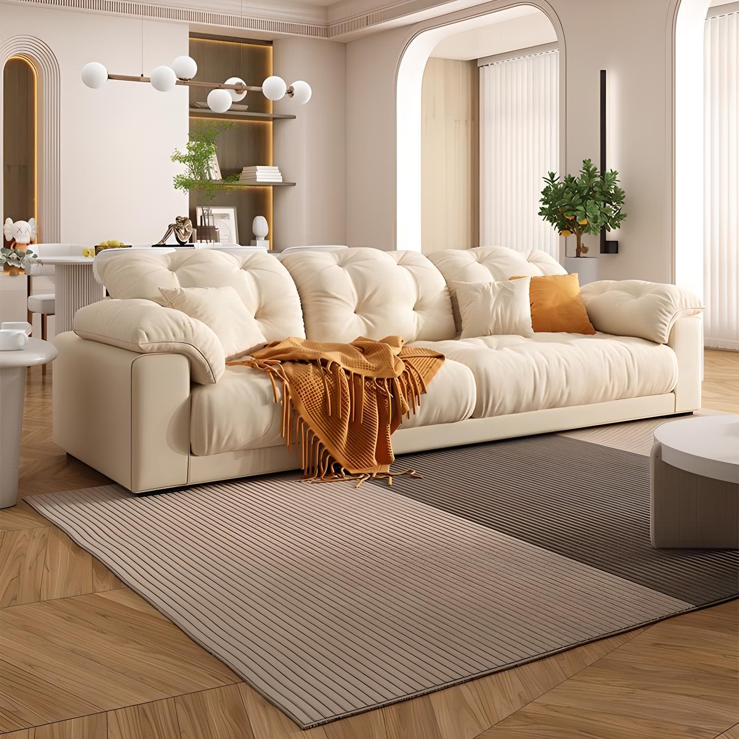 Modern Tufted Sectional Sofa in Off-White with Pillow Top Arm