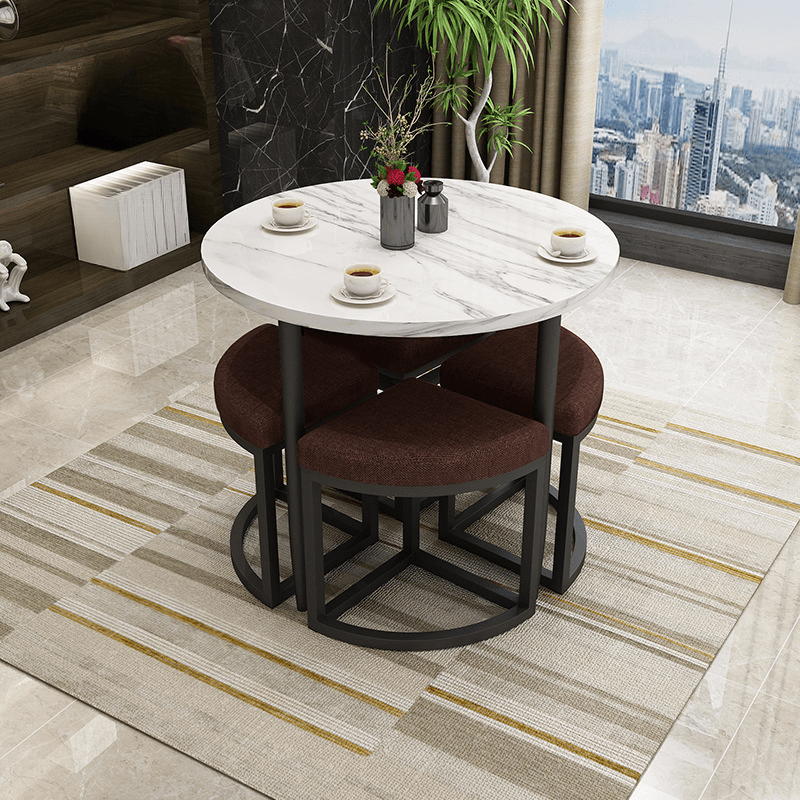 Reclaimed Wood Round Dining Table Set with Metal Toboggan Base and Upholstered Backless Chairs for 4 People - image 21