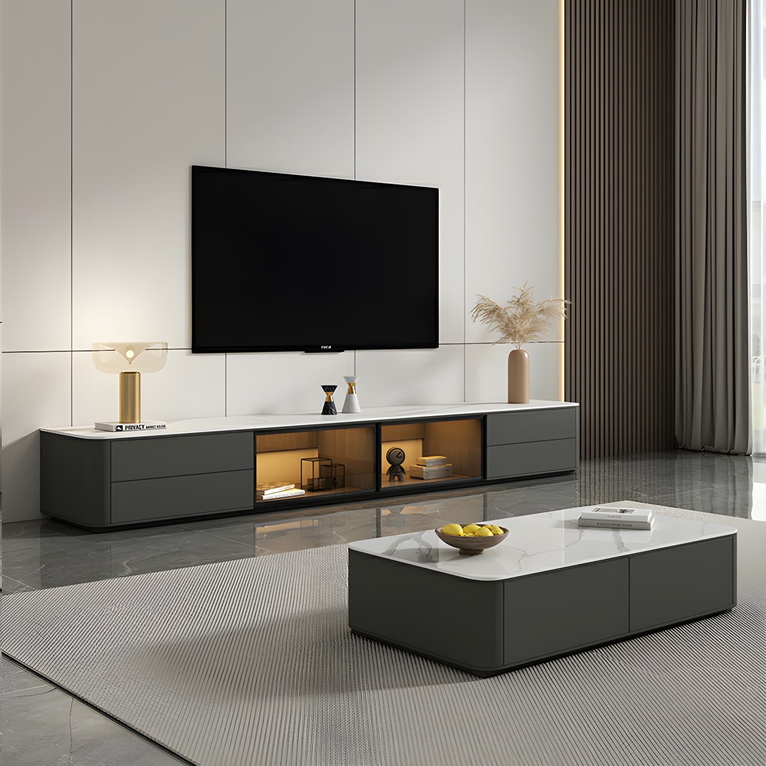 Grey Stone TV Stand with Drawers and Cabinet and No Cable Management for Modern-Style Long TVs - image 3