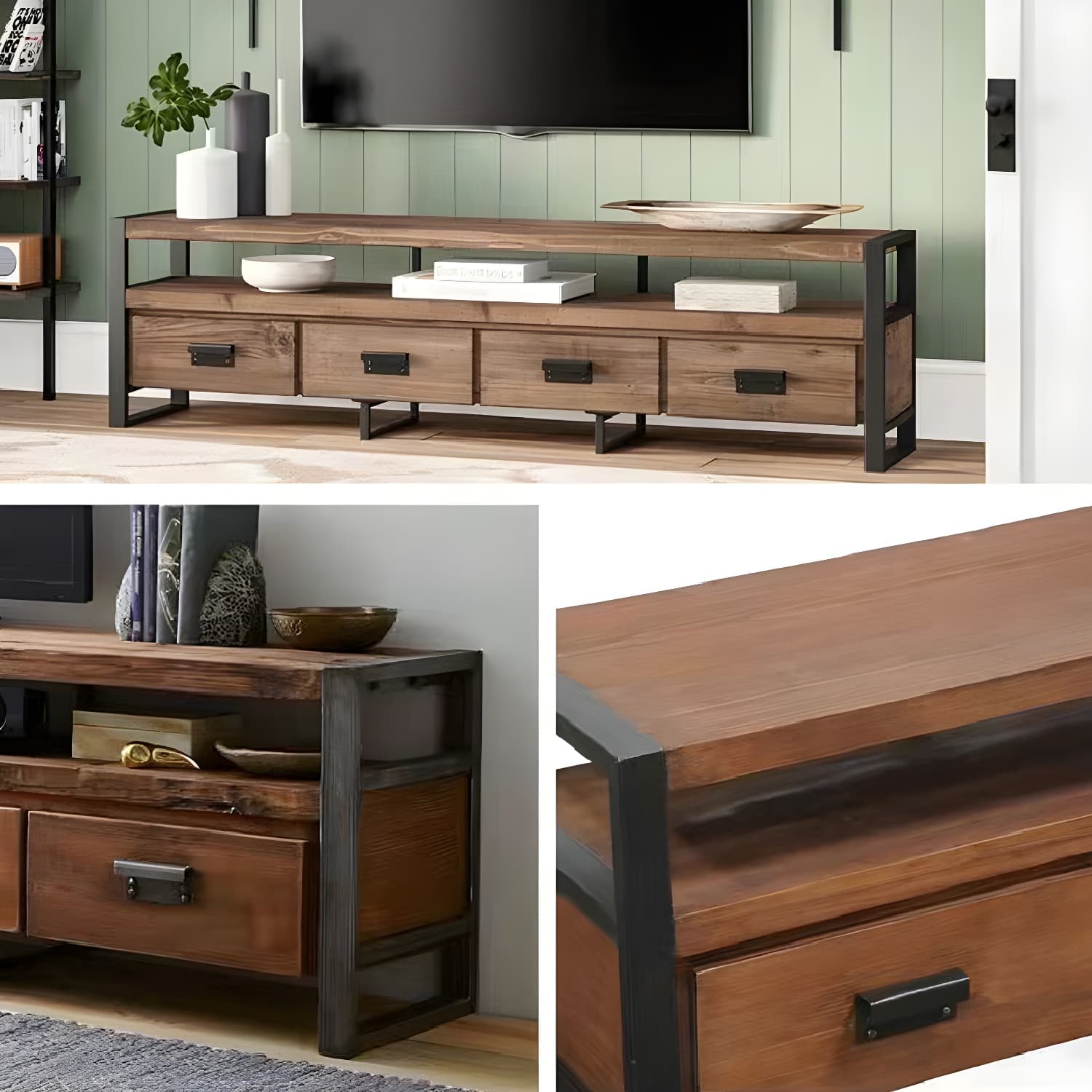 Brown Media Console with Shelves Industrial Pine Wood Top TV Media Stand - image 8