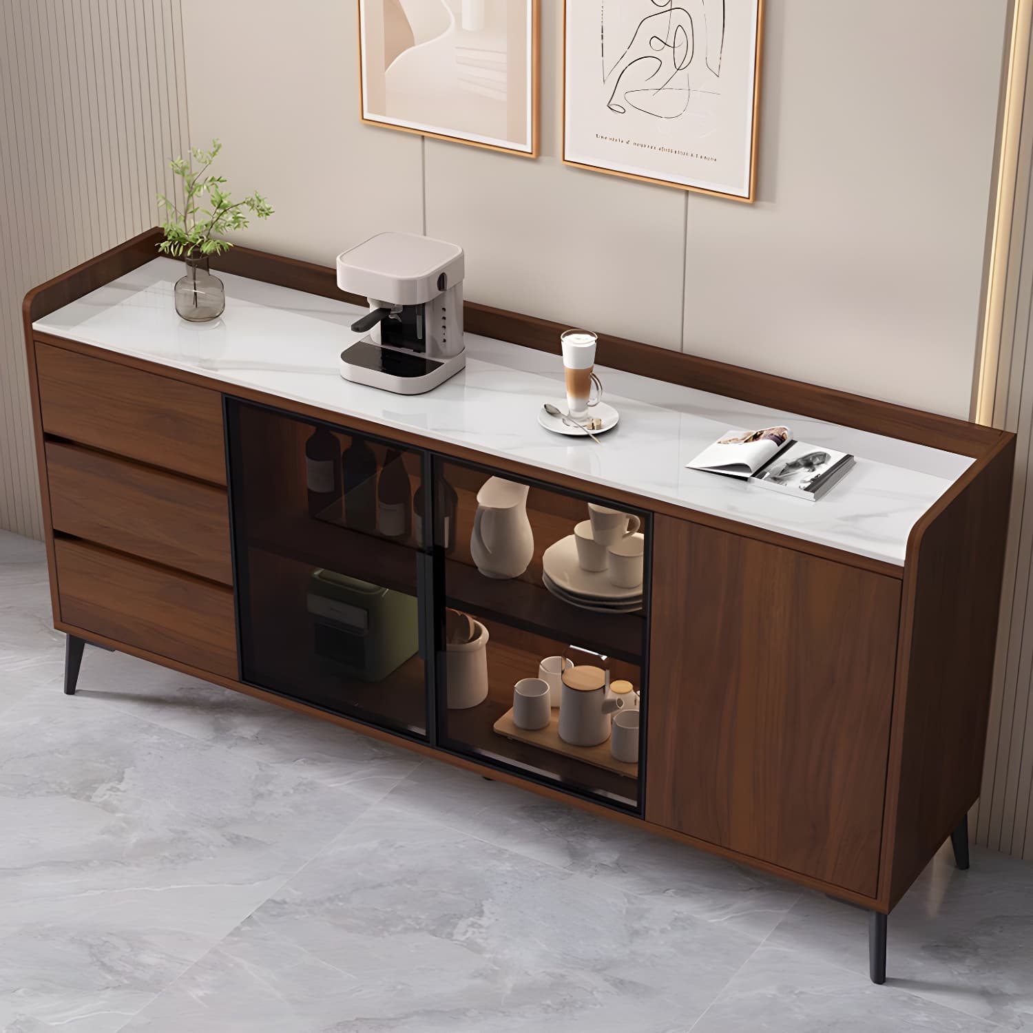 Stone Top Modern Wood Sideboard Credenza with 3 Drawers and Glass Doors - image 8
