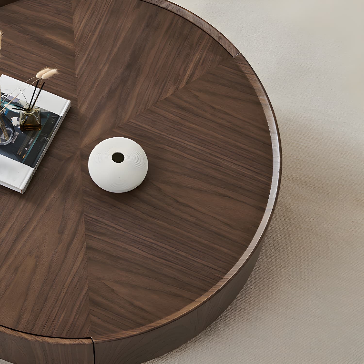 Round Wood Cocktail Table Set with 2 Drawers Modern Walnut Coffee Table - image 7