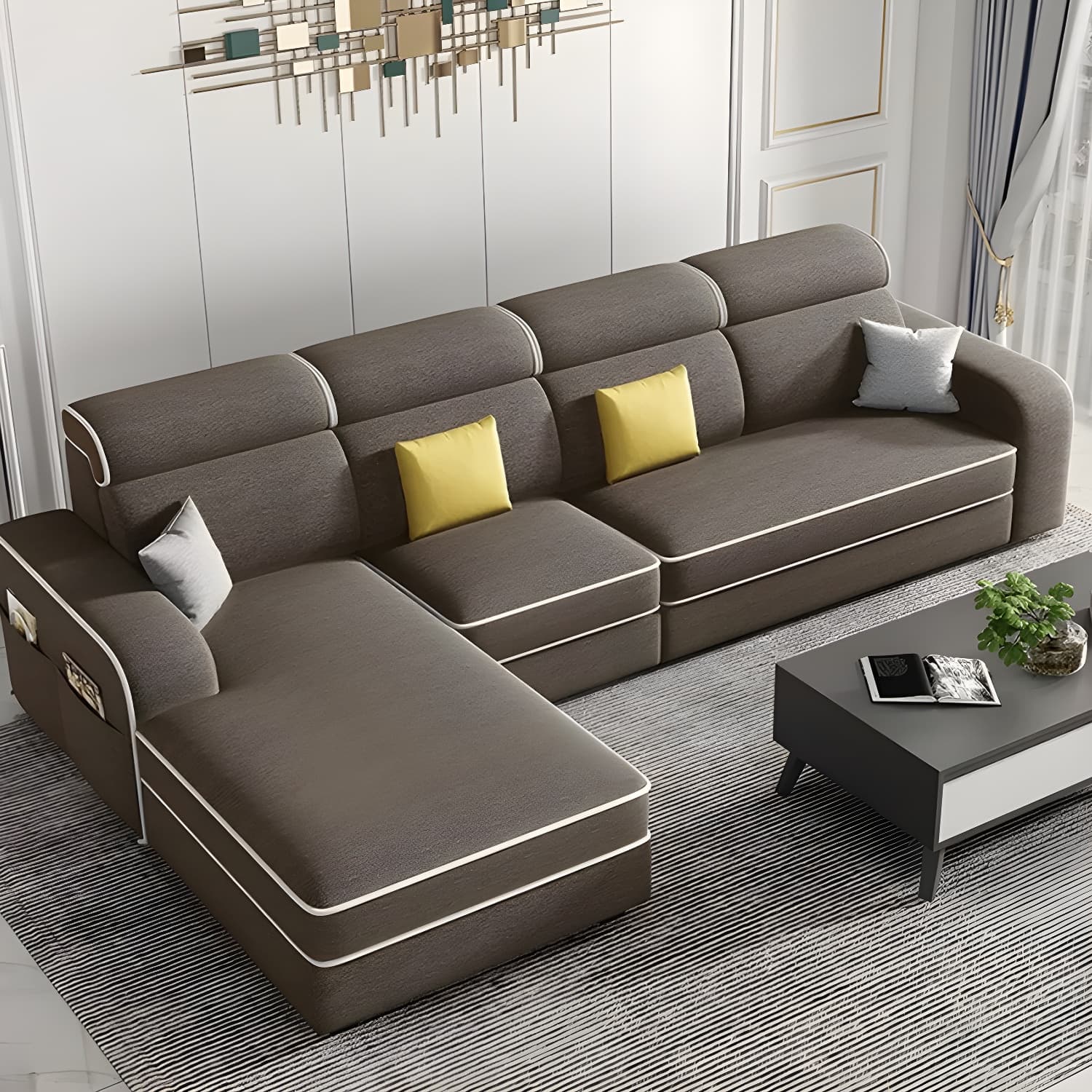 Modern Wood Frame L-Shape Sectional Sofa Chaise with Storage - 3 Piece Set