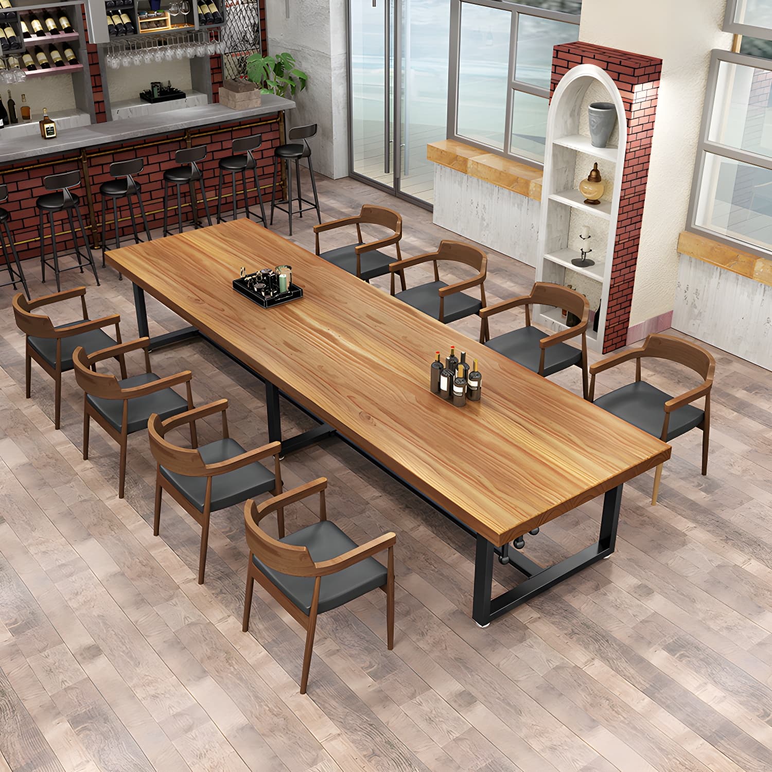 Pine Solid Wood Dining Table Rectangle Dining Table with Trestle Base - image 9