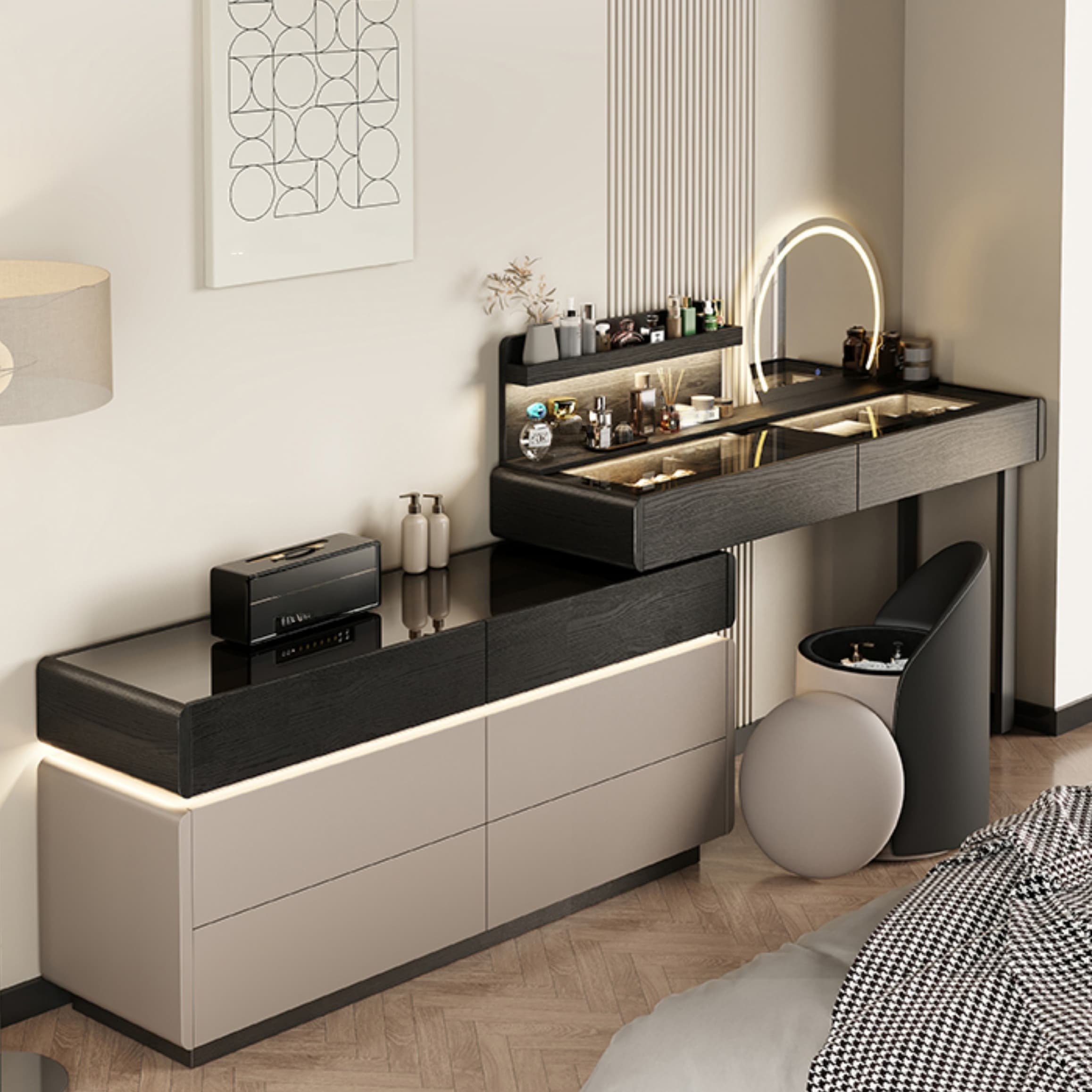 Multi-Purpose Vanity Set with Lighting, Scalable 2-in-1 Design, Push-Pull Function, Adjustable Touch, and Brightness