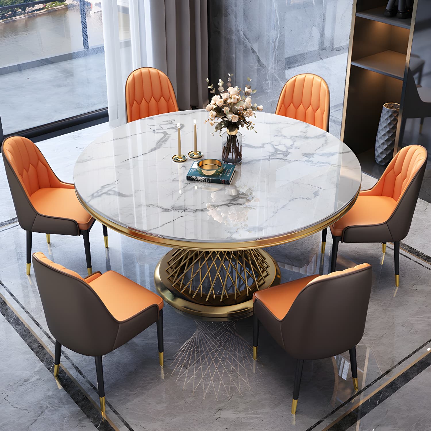 Round White Marble Modern Dining Table with Gold Steel Pedestal Base - image 14