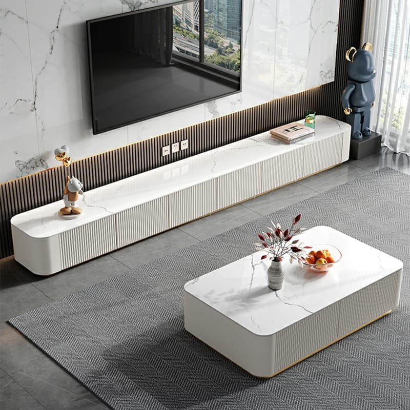 Simple Chalk Sintered Stone Rectangular TV Stand with 6-Drawer/4 Drawers/3-Drawer & Cable Management