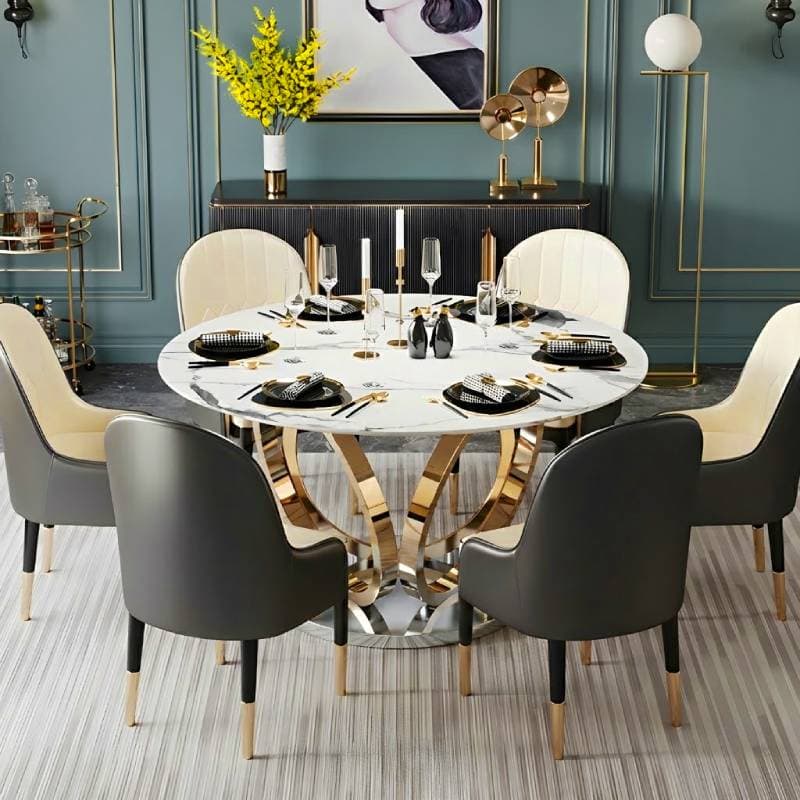 Round Marble Modern Dining Table with Gold Steel Pedestal Base - Standard Height - image 4