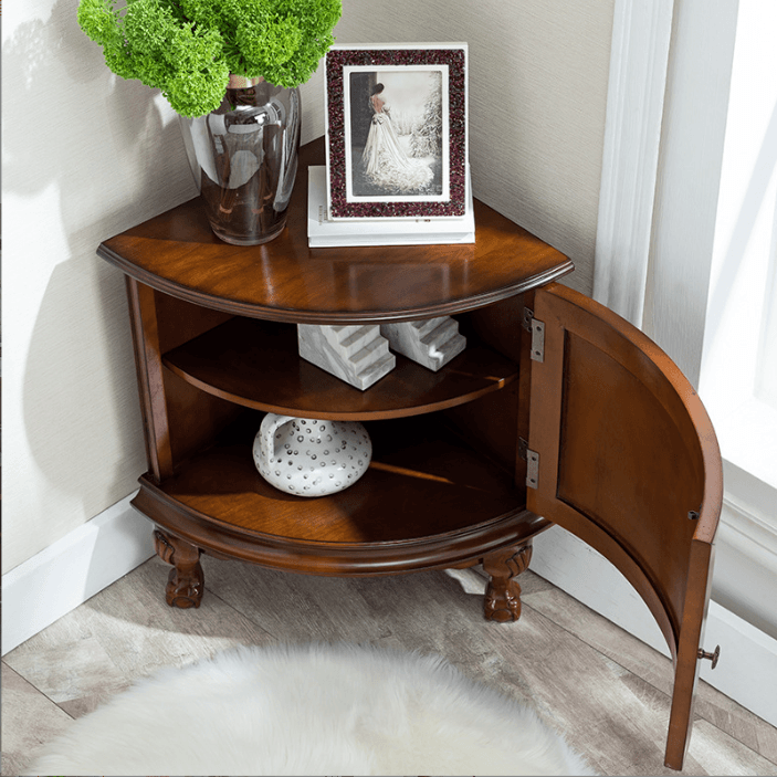 Traditional Medium Brown Corner Accent Cabinet with Wood Countertop and Exterior Shelving - image 3