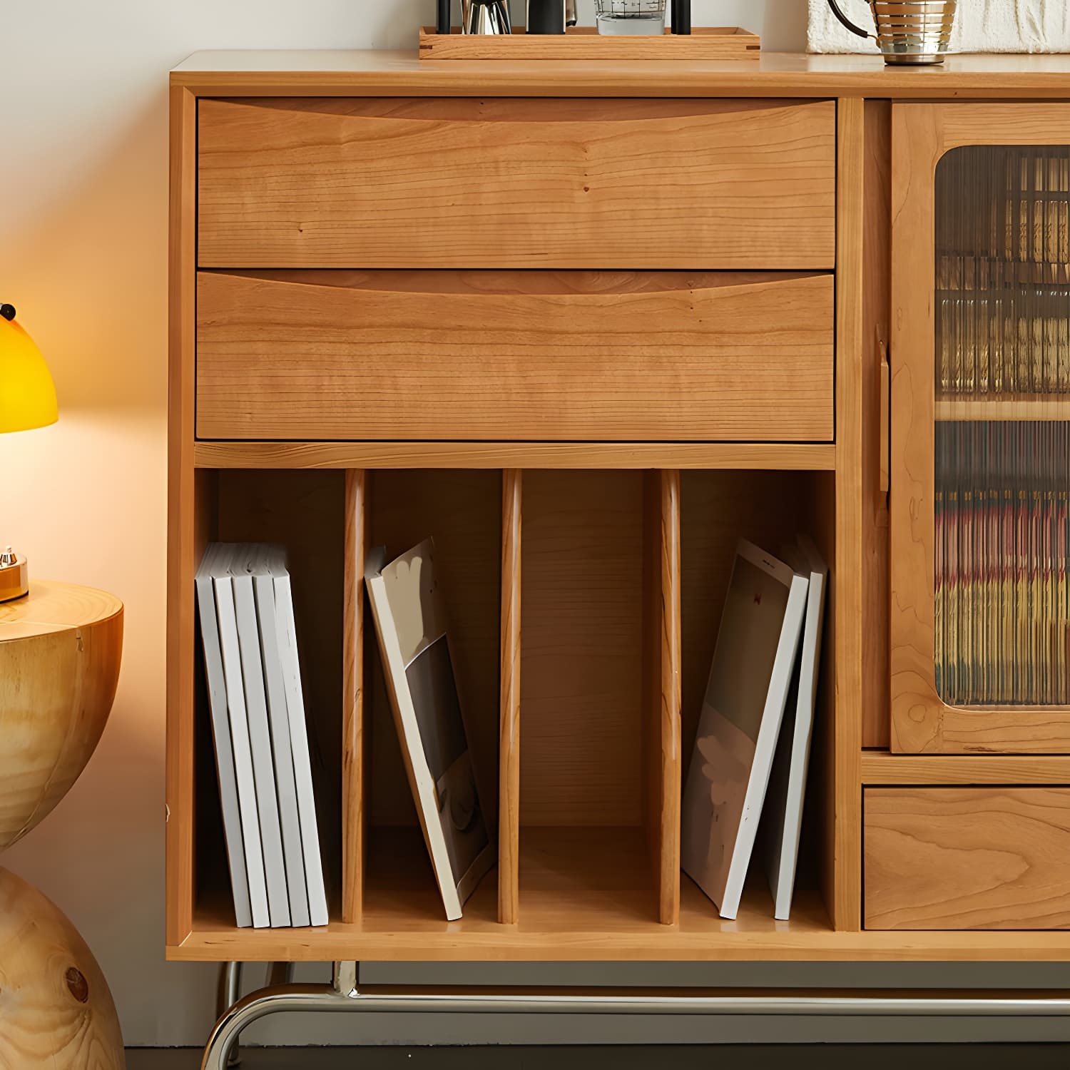 Solid Wood Sideboard Table Natural Adjustable Shelves Credenza with Glass Door - image 9