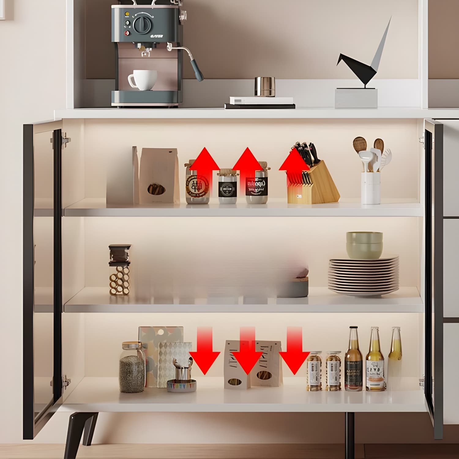 Glass Door Modern Wooden Kitchen Sideboard with Adjustable Shelving - image 6