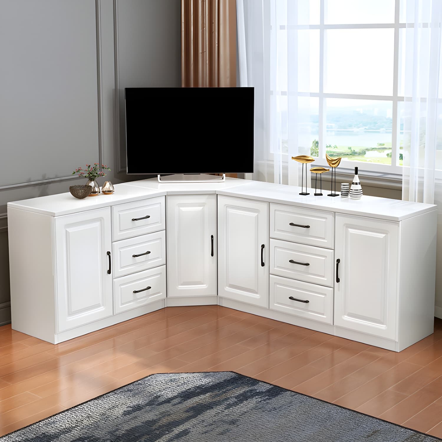 Modern Solid Wood Corner TV Stand Console with 6 - Drawer - 27.56"