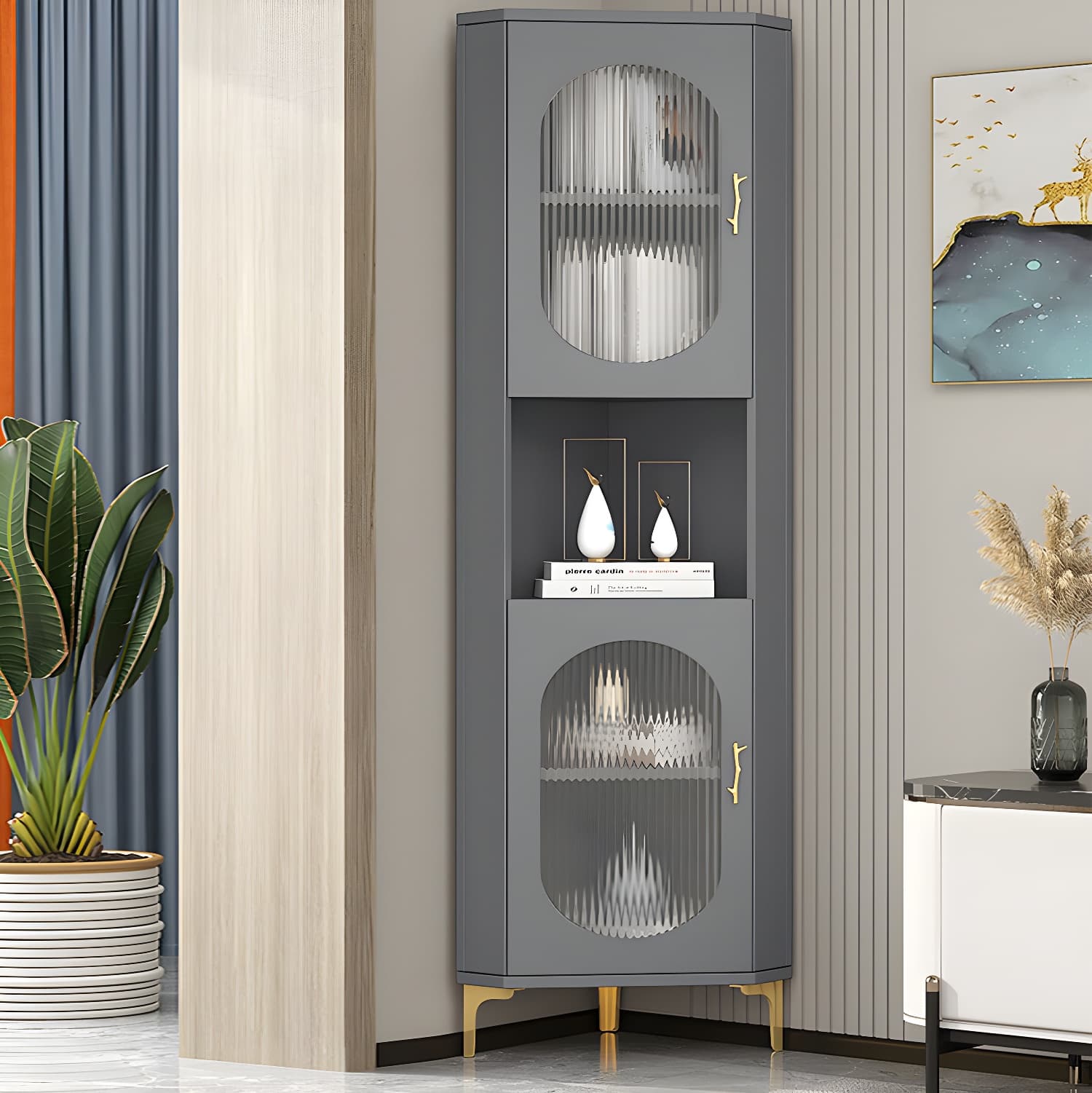 Corner Glam Accent Cabinet with Metal Base and Glass Doors, 4 Interior Shelves, and 1 Exterior Shelf - image 3