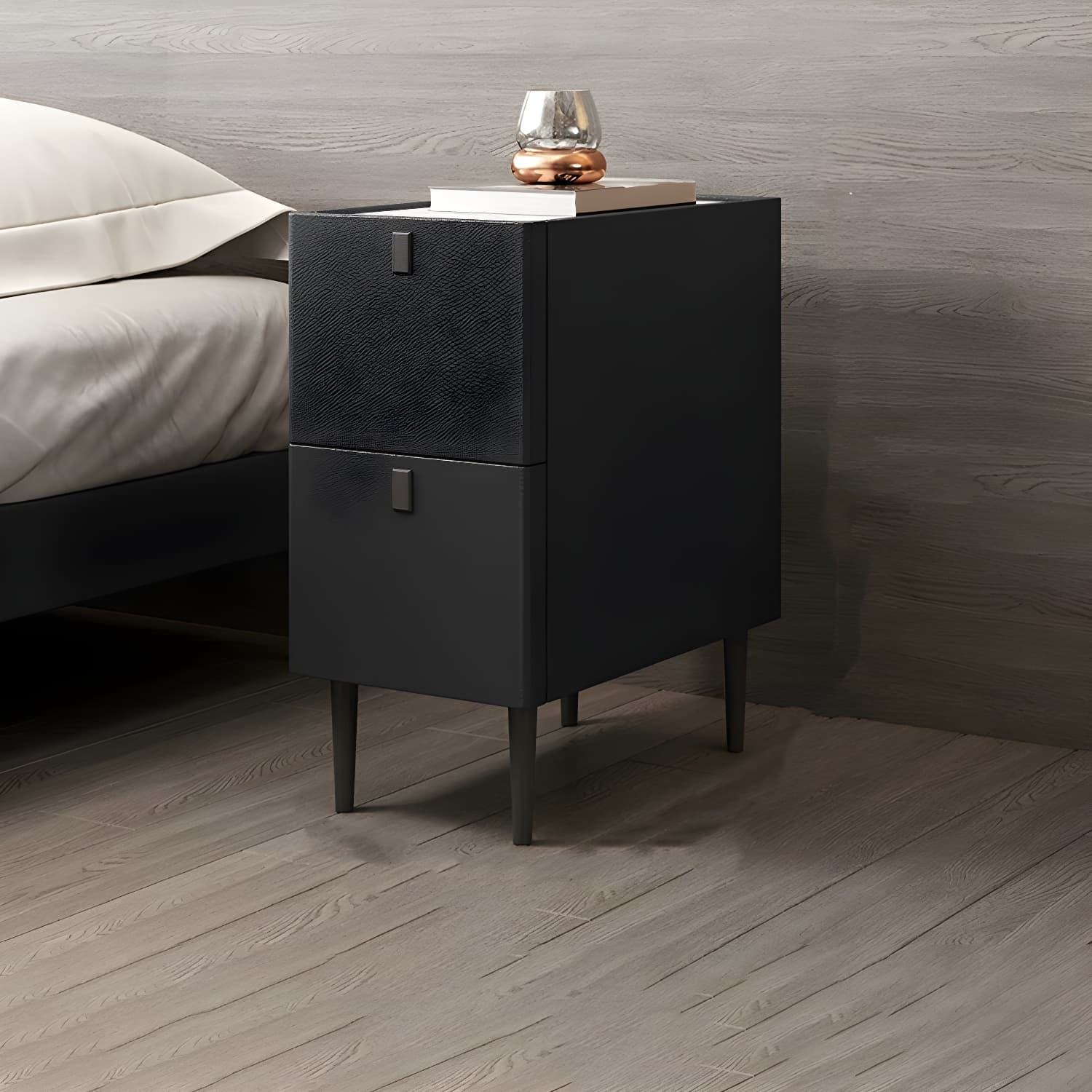 Modern Style Leather Polychromatic Choice of Black Cabinet Leg Nightstand
