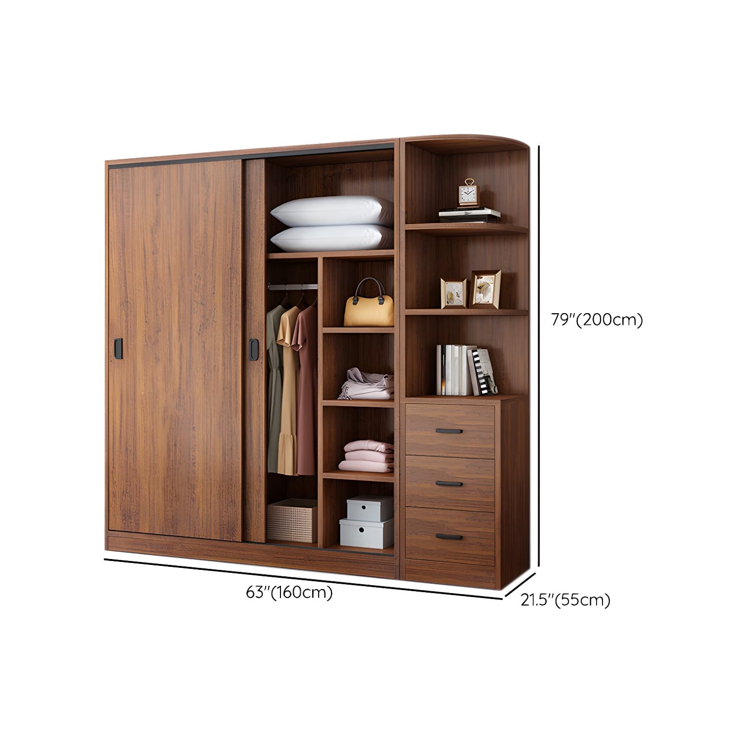 Non-Adjustable Traditional Brown Wood Wardrobe Armoire with Sliding Doors and Soft Close Drawers - image 22