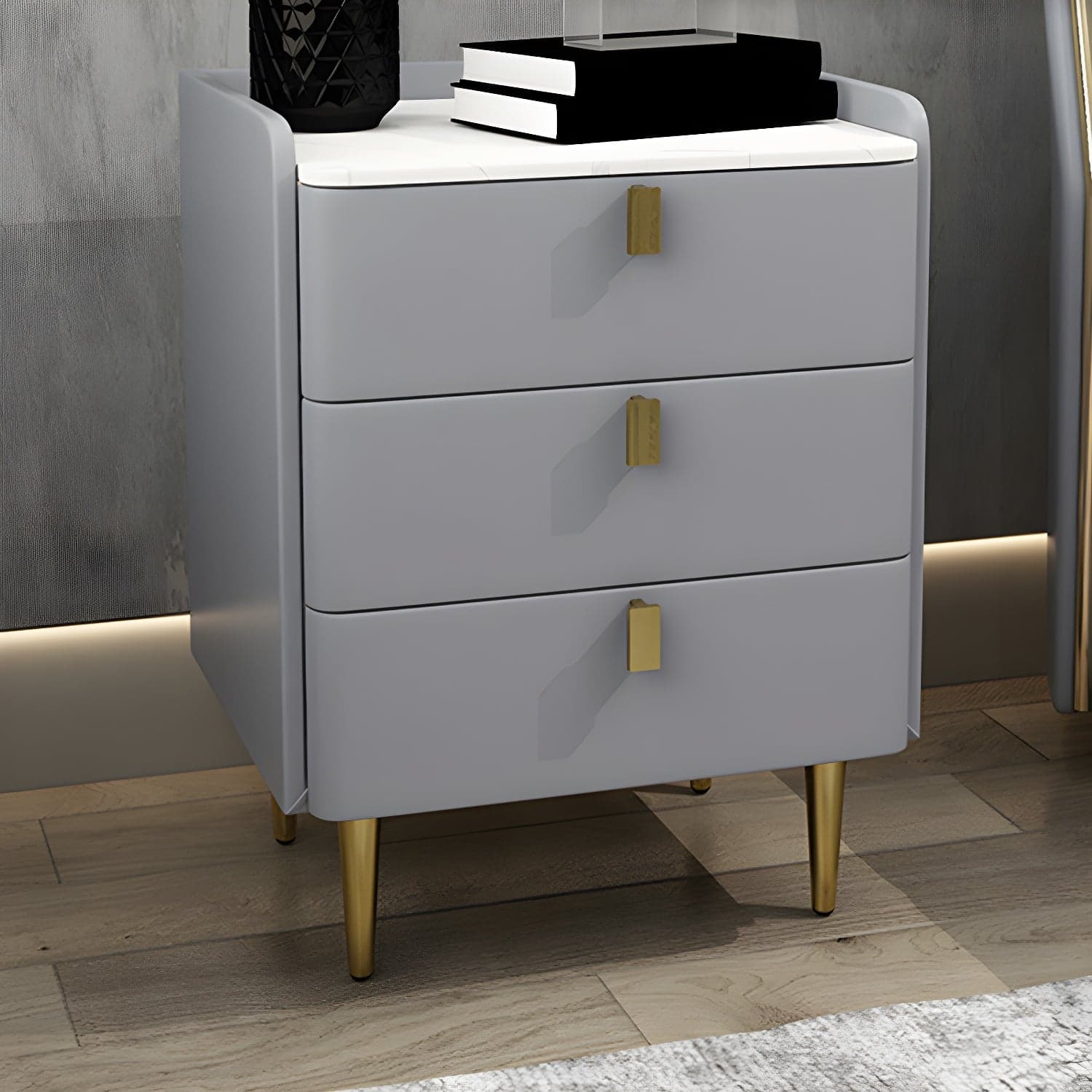 Faux Leather Nightstand Modern 3 - Drawer Nightstand with Stone Top - image 5