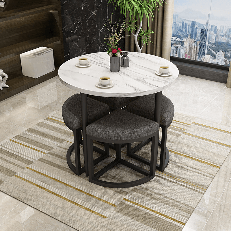 Reclaimed Wood Round Dining Table Set with Metal Toboggan Base and Upholstered Backless Chairs for 4 People - image 39