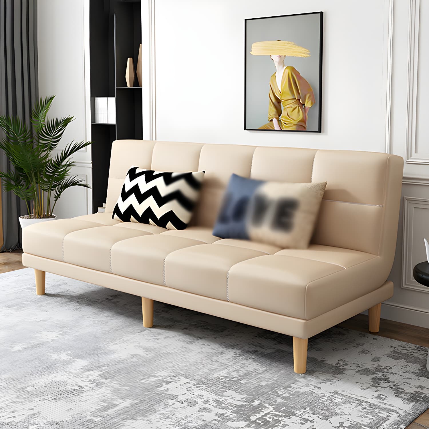 Armless Tight Back Bed Settee Cotton Blend and Faux Leather Sofa Bed