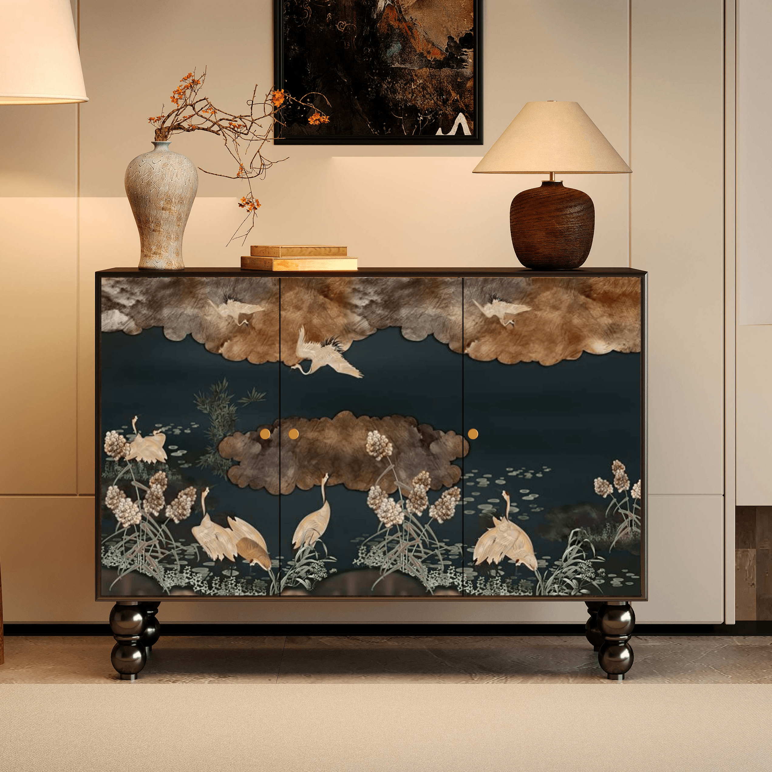 Asian Unattached Scratch-repellent Midnight Black Lumber Utility Storage Cabinet with Pull Knobs & Closet