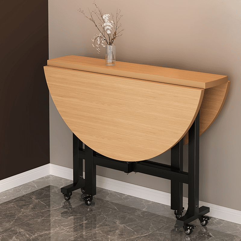 Art Deco Rounded Dining Table with Lumber Top, Foldable Leaf Mechanism, Extendable