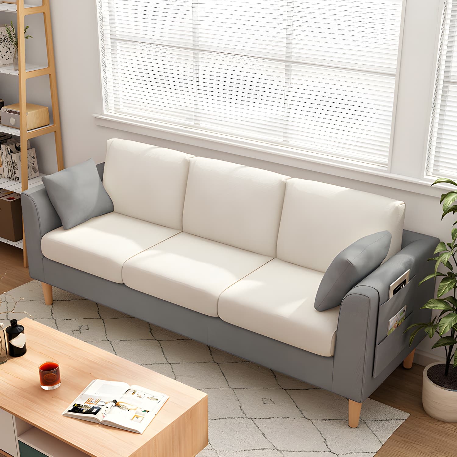 Scandinavian 3 Seater Sofa with Pillows Back and Tuxedo Arm and Solid Wood Legs - image 12