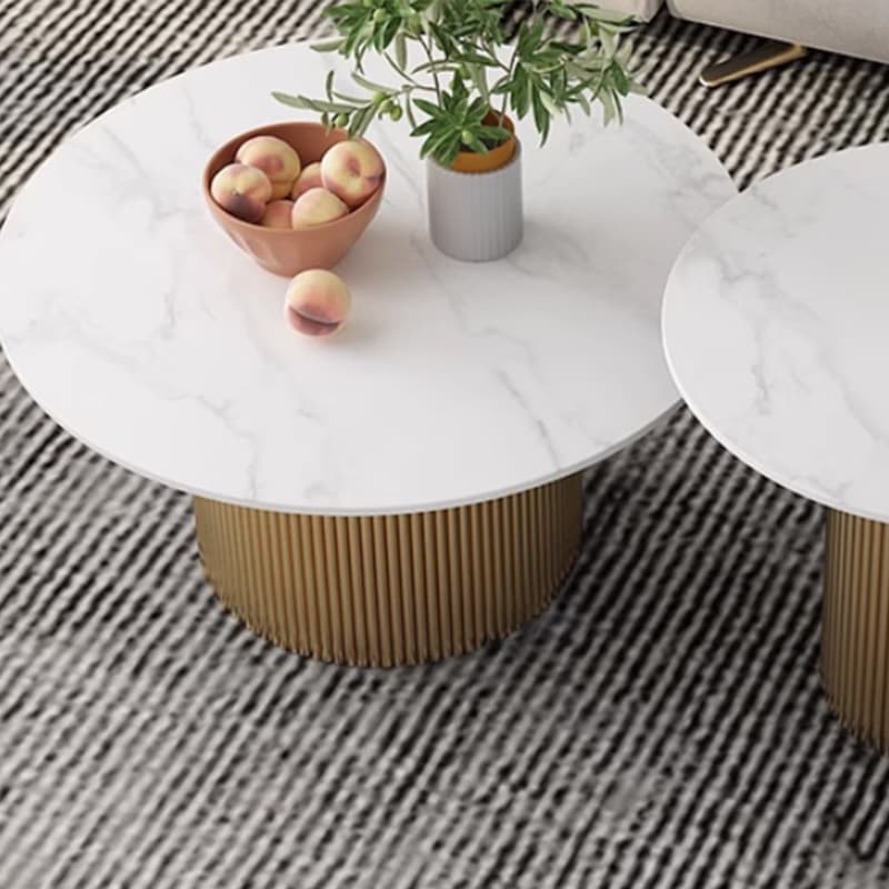 Modern Round Stone Top Coffee Table with Sturdy Metal Pedestal Base in Standard Height - image 11