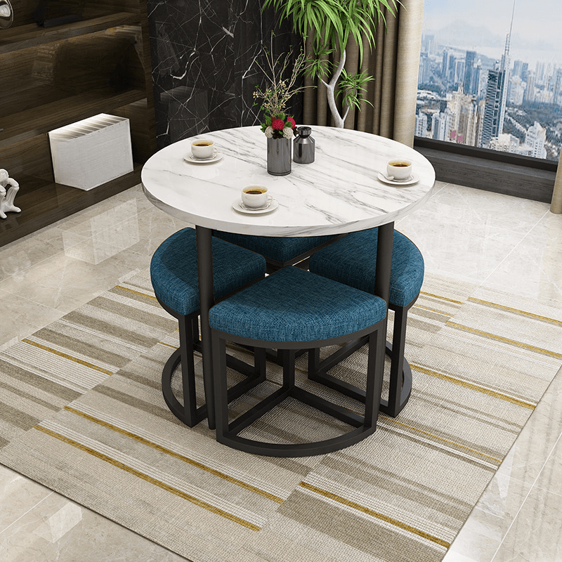Reclaimed Wood Round Dining Table Set with Metal Toboggan Base and Upholstered Backless Chairs for 4 People - image 19