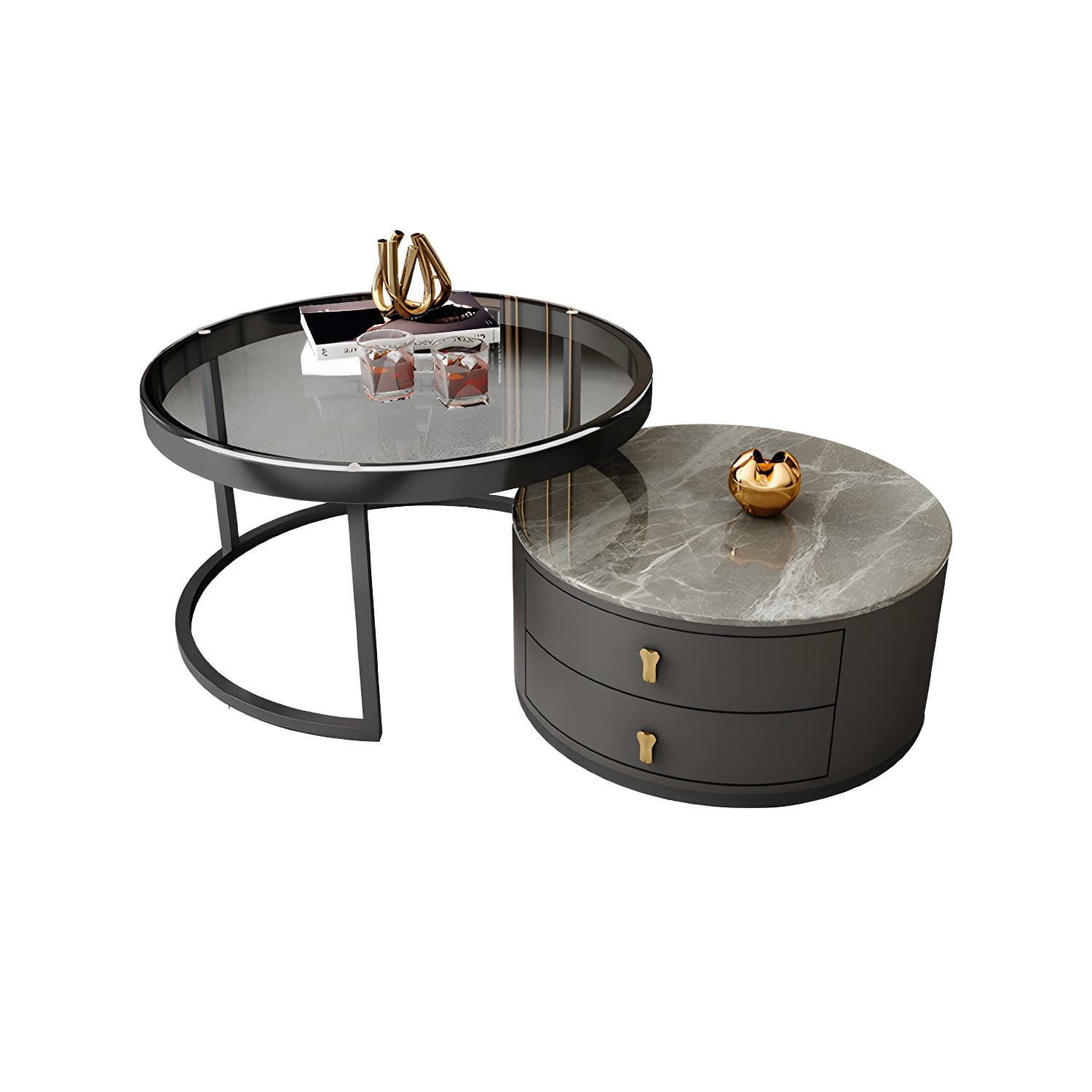 Modern Coffee Cocktail Table Round Nesting Coffee Table Set with Drawer - image 11