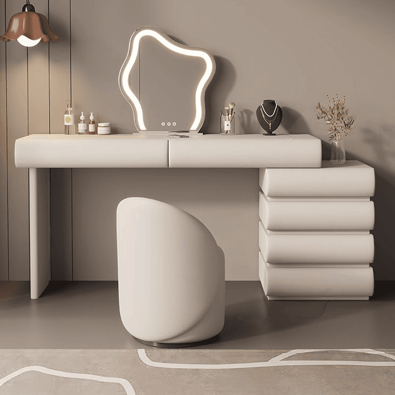 Modish Large/Standard Vanity Set with Light Gray Seating, 10/6 Drawers, Pine Wood Frame, Mirror Lights, and Chair
