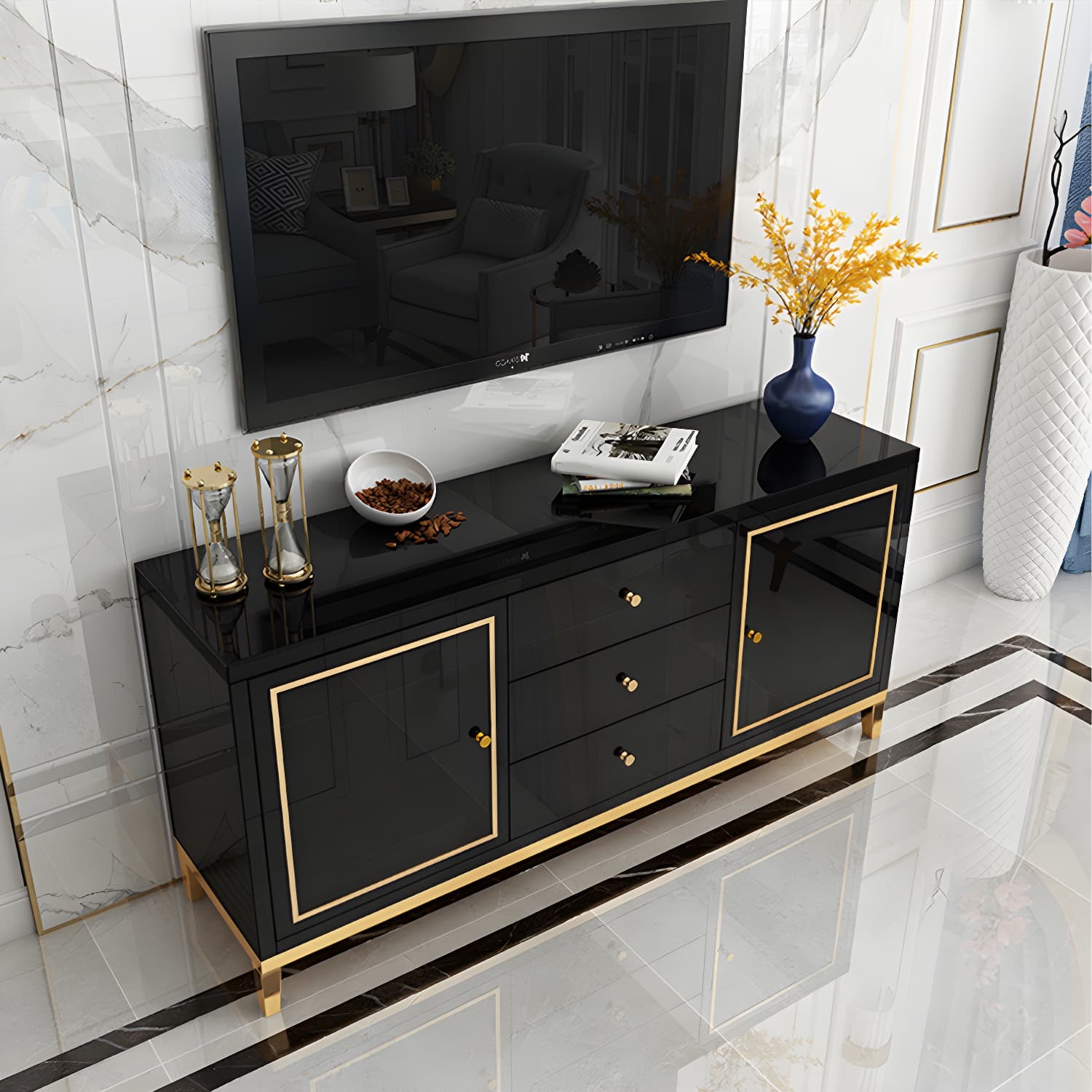 Enclosed Storage Media Console Glass TV Stand Console with Drawers