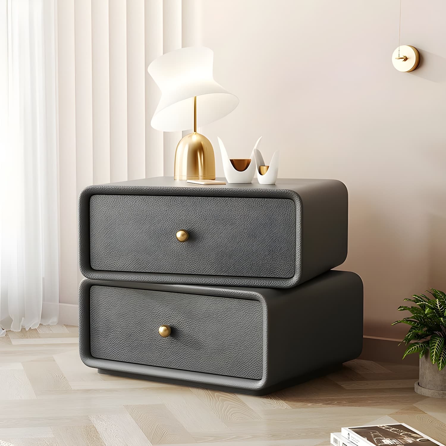 Modern Wood Nightstand with 2 Drawers - Faux Leather Countertop - Small and Stylish - image 4