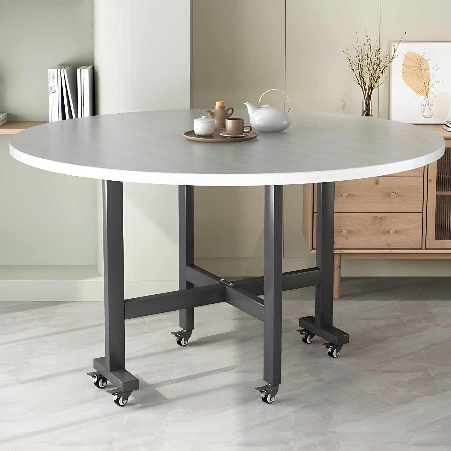 Modern Foldable Dining Table Round Wood Tabletop with Metal Legs - image 4
