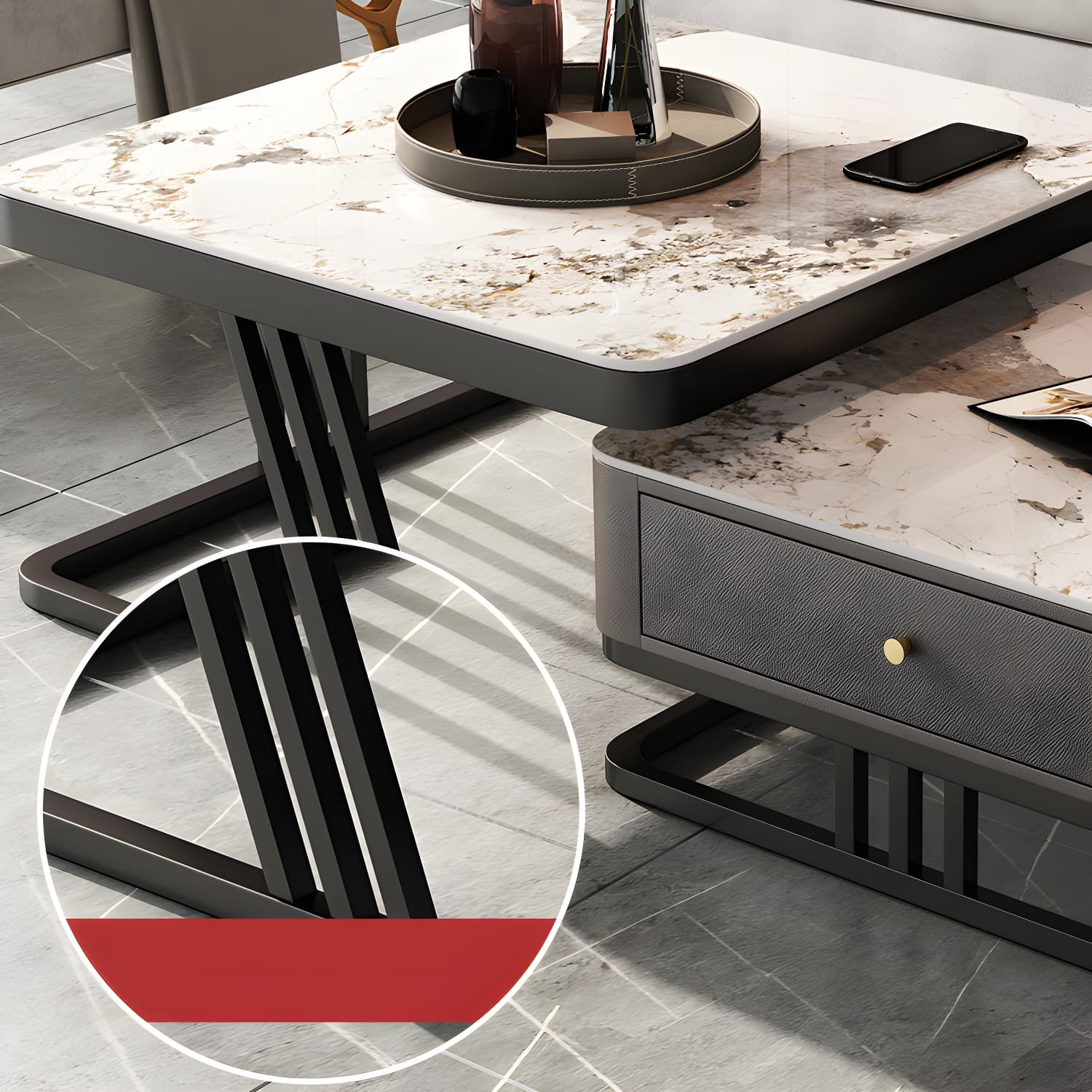 Modern Round Glass / Slate Cocktail Table Steel Frame Coffee Table with Drawer - image 14