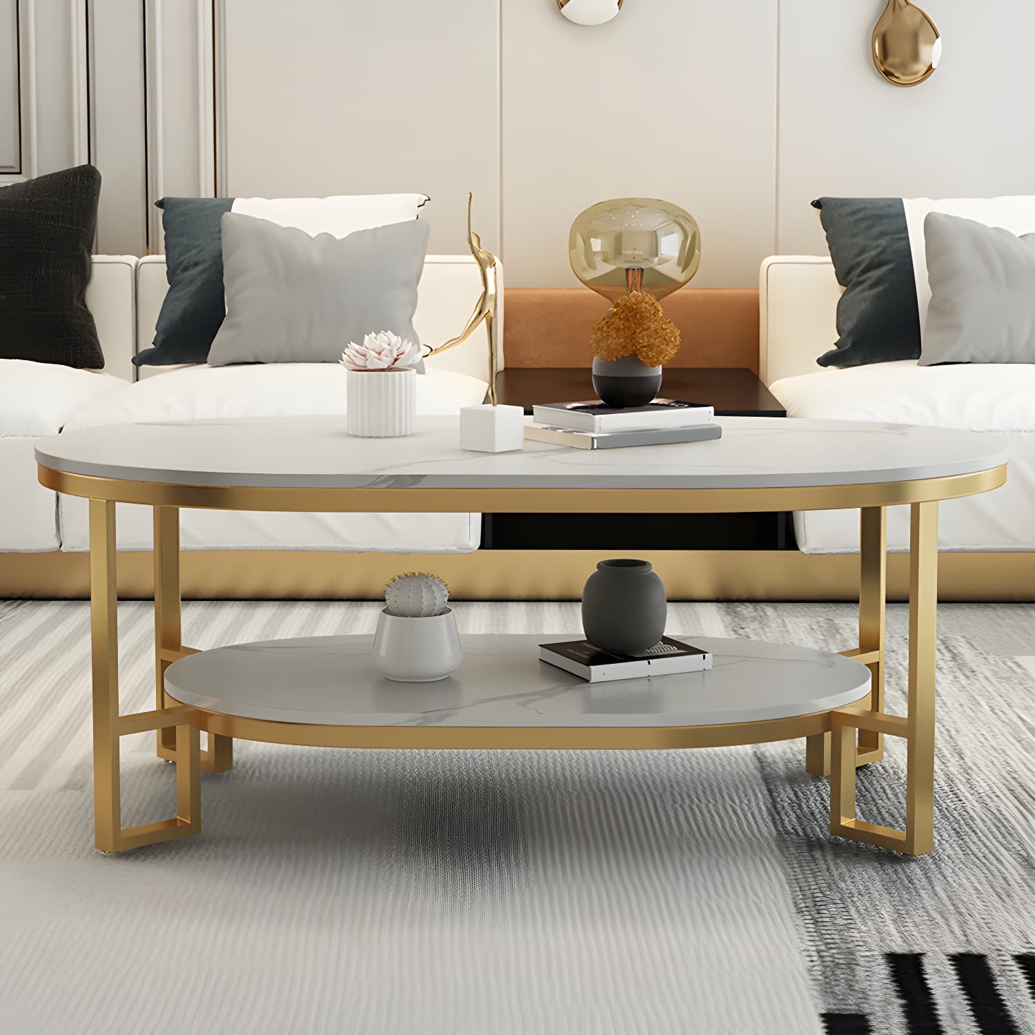 17.72" H Stone/Marble Top Coffee Table Frame Shelf Included Cocktail Table - image 13