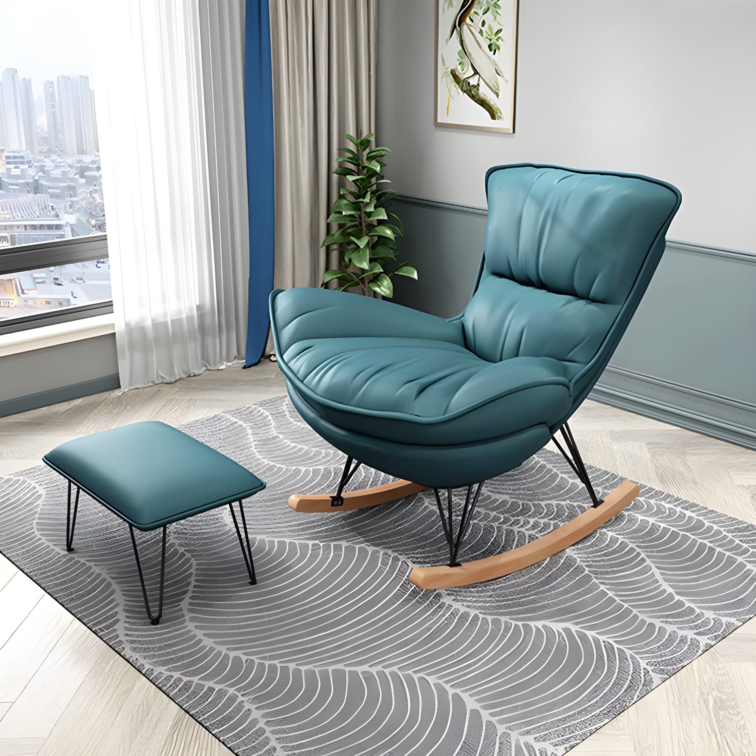 Stylish Modern Indoor Rocking Chair with Ottoman - Upholstered Seat and Natural Wood Legs