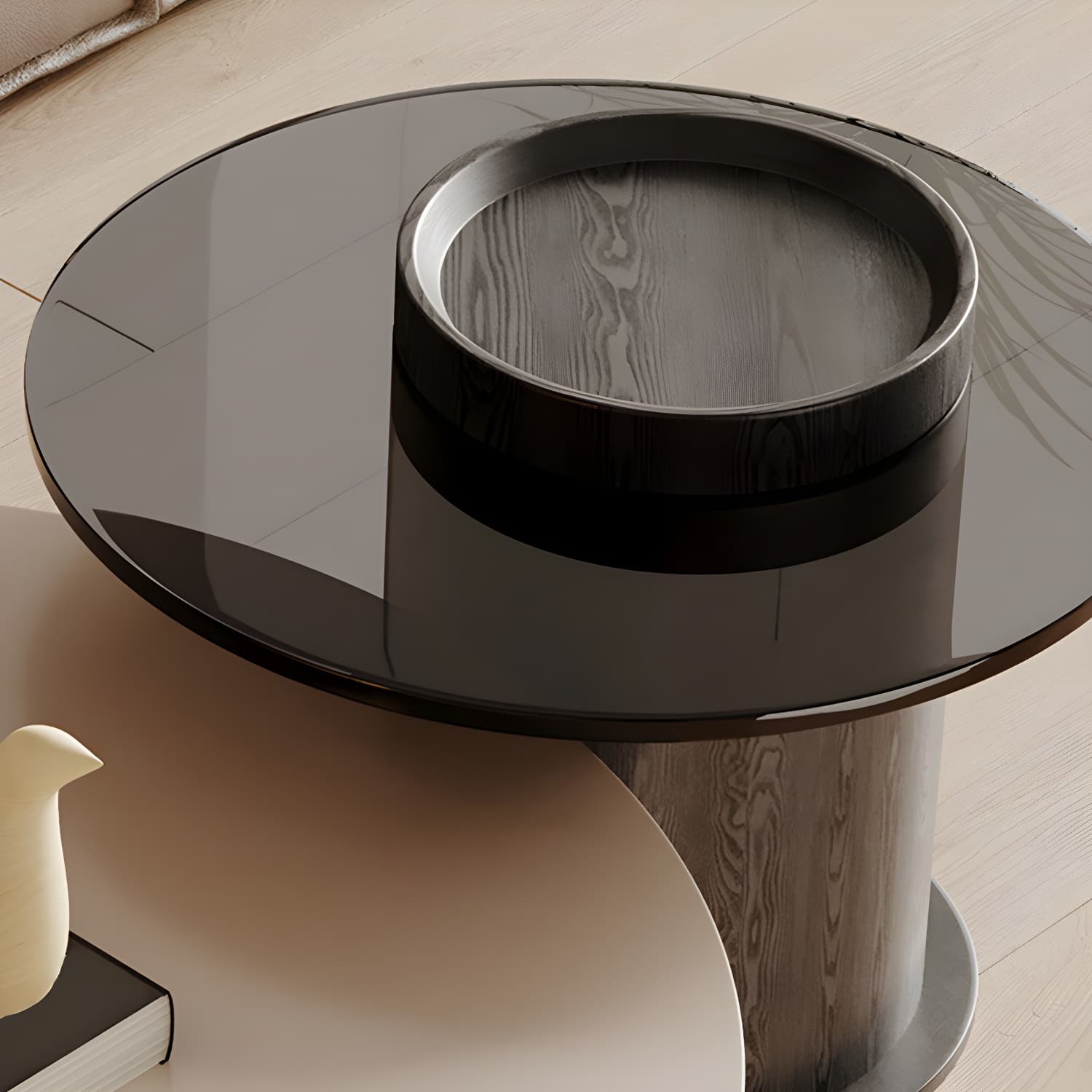 Modern Round Coffee Table with Metal Drum Base and 2 Drawers - image 8