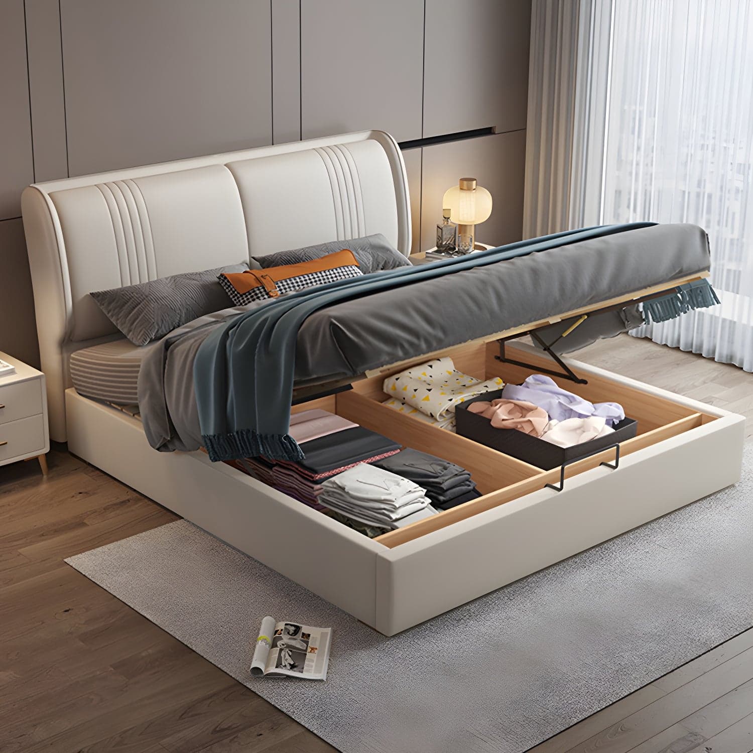 Contemporary White Pine Wooden Standard Bed Leather Beige Bed Frame
