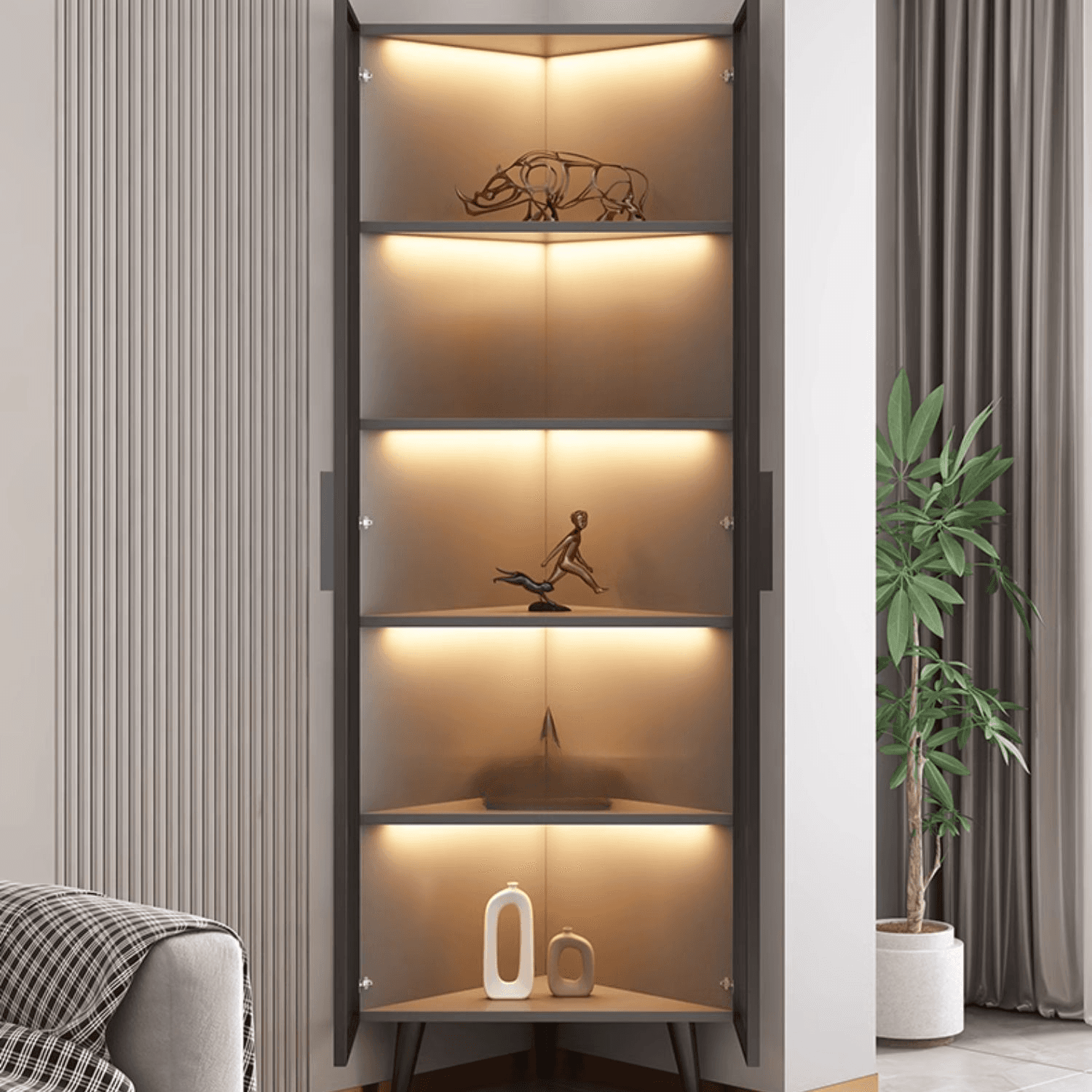 Dove Grey Scratch-immune Corner Accent Cabinet with Cabinet, Glass-panel Door, Adjustable Shelving and Handle Bars - image 3
