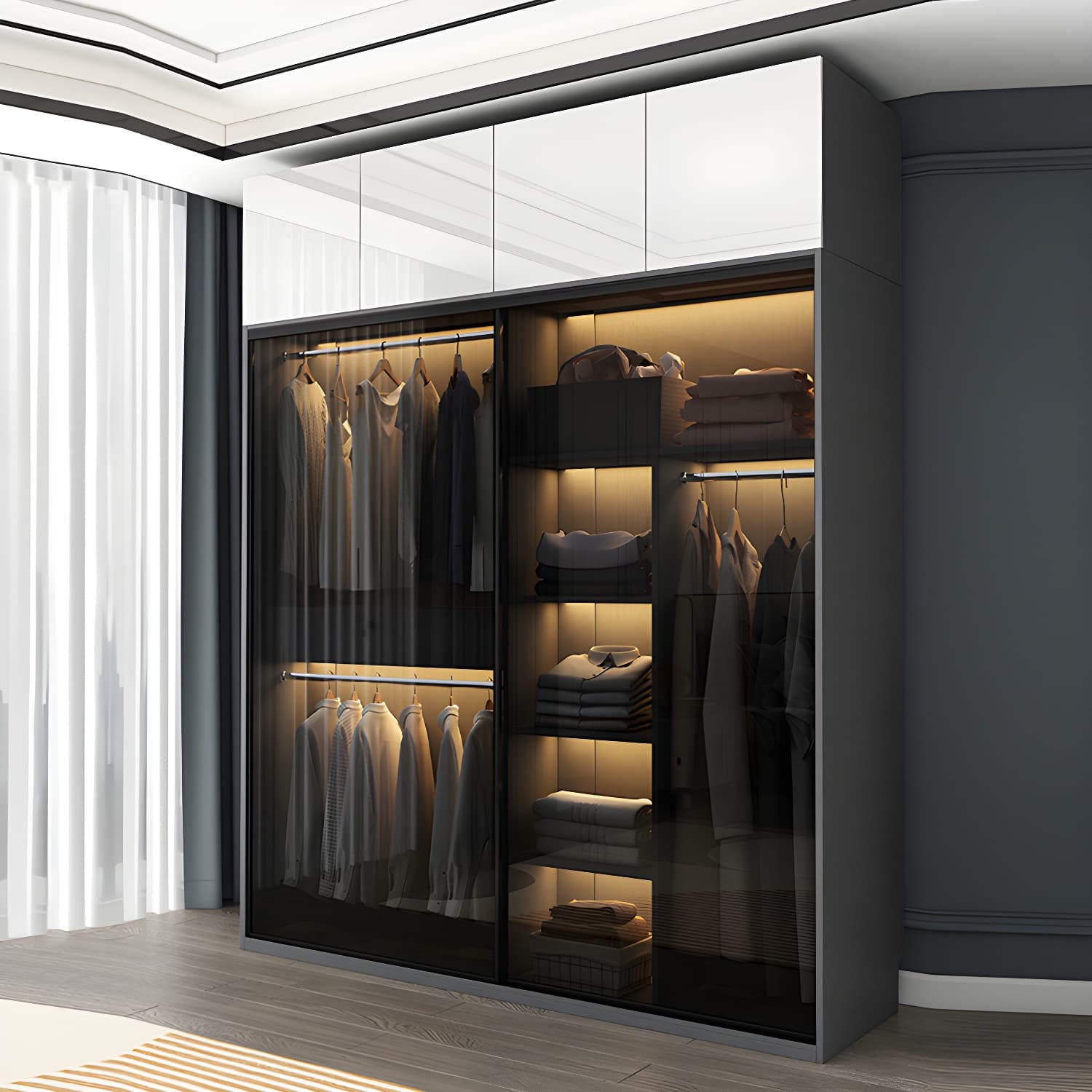 Modern Style Glass Wardrobe Black Colour Wardrobe Closet with Sliding Door