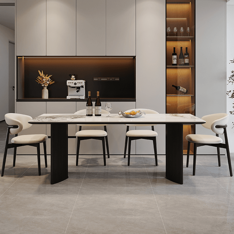 Dining Table Set with Rectangular Slate Stone Top and Two-sided Pedestal, Featuring Padded Chair with Back, 5-piece in White