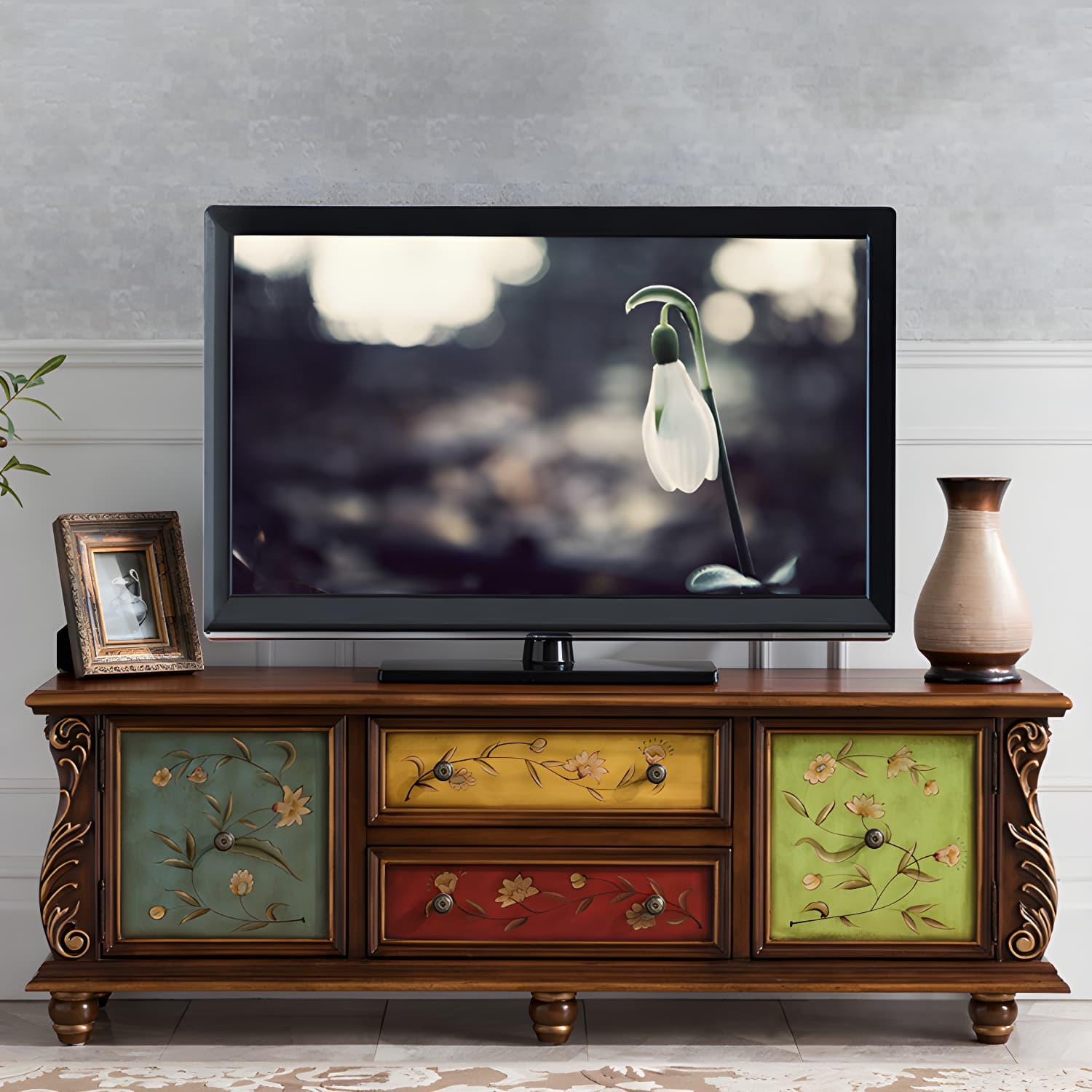 Traditional Rubberwood Media Console Matte Finish TV Media Stand with Drawers - image 7