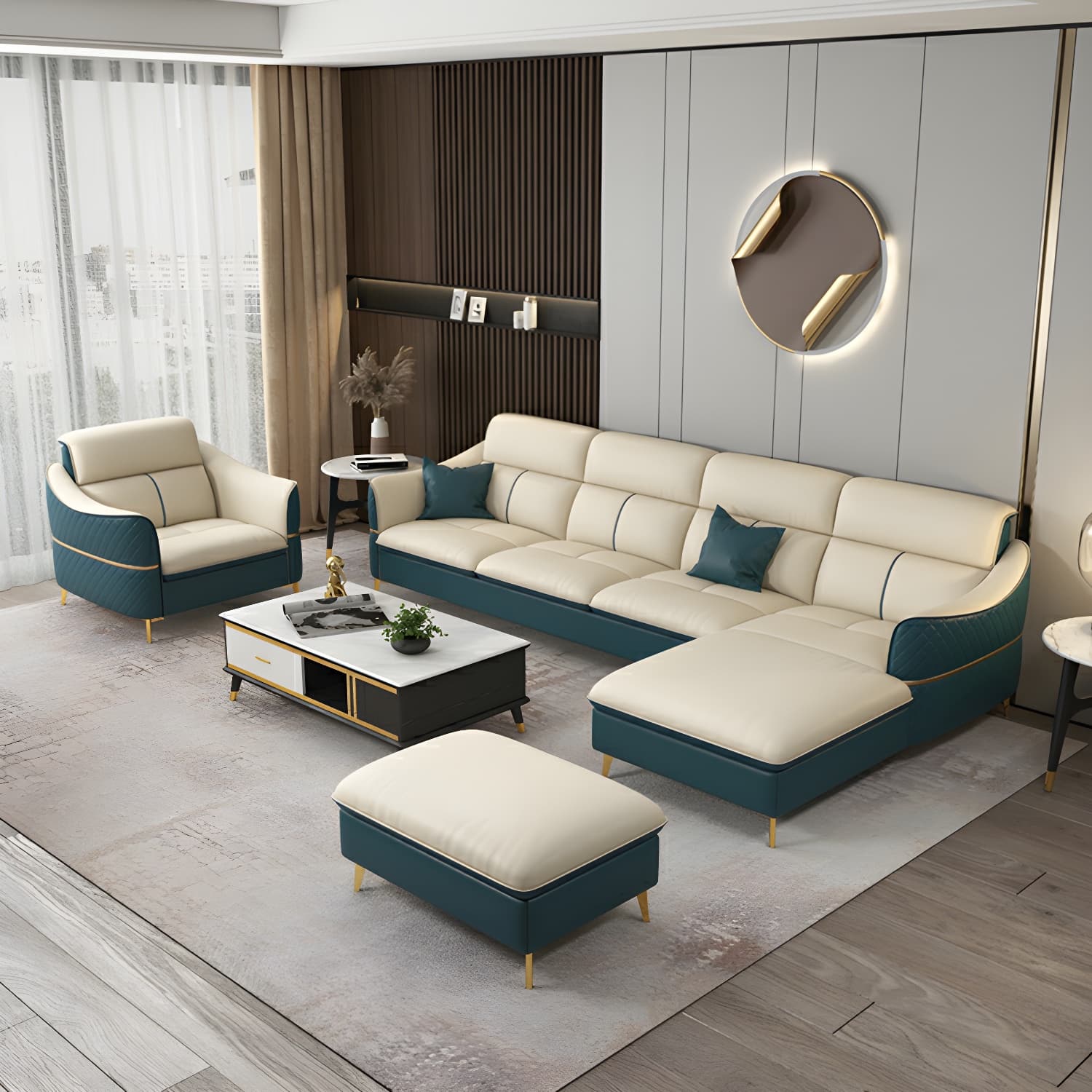 Modern Beige Leather Stationary Sectional Sofa with Cushion Back - image 3